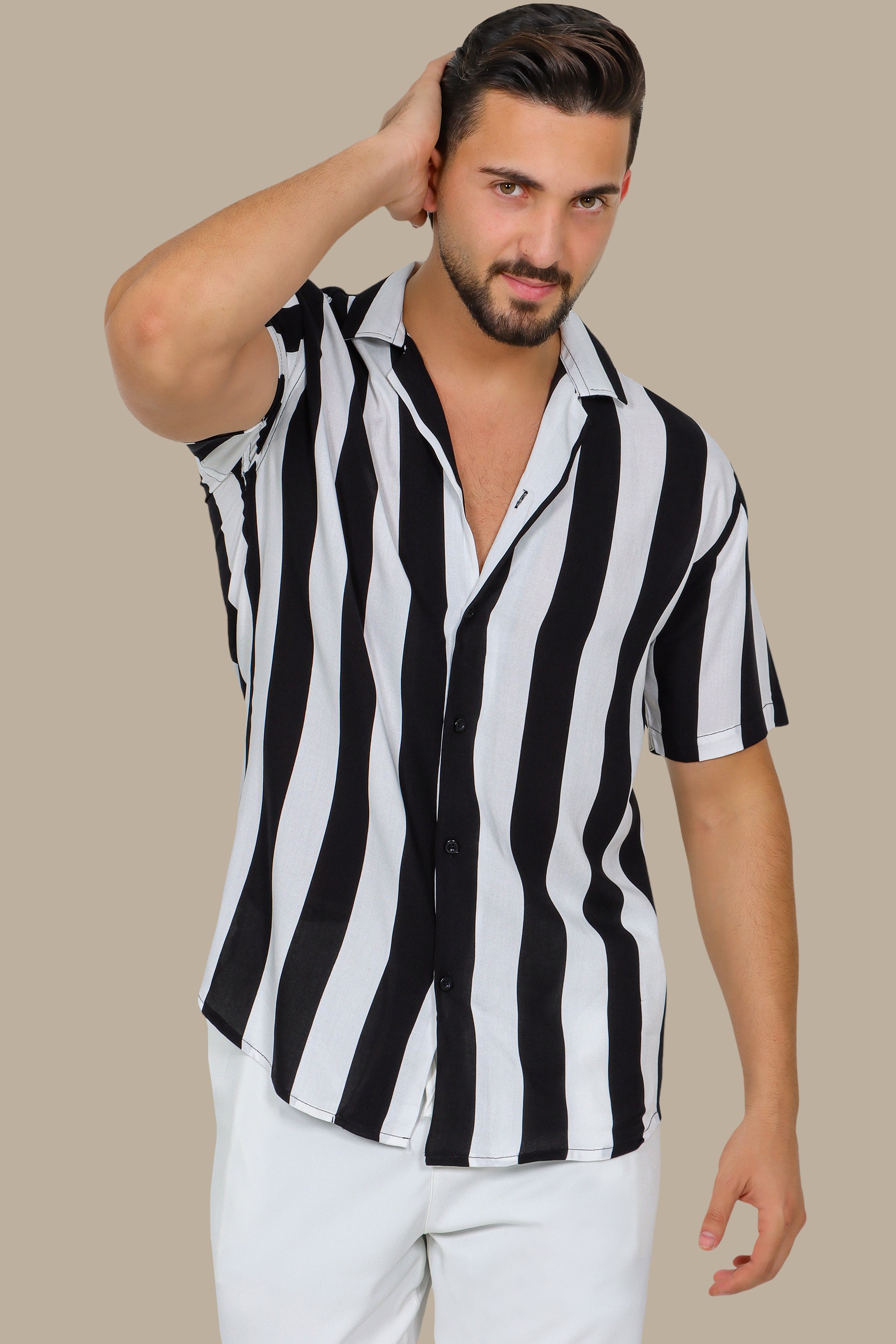Striking Contrast: Black & White Striped Short-Sleeve Shirt