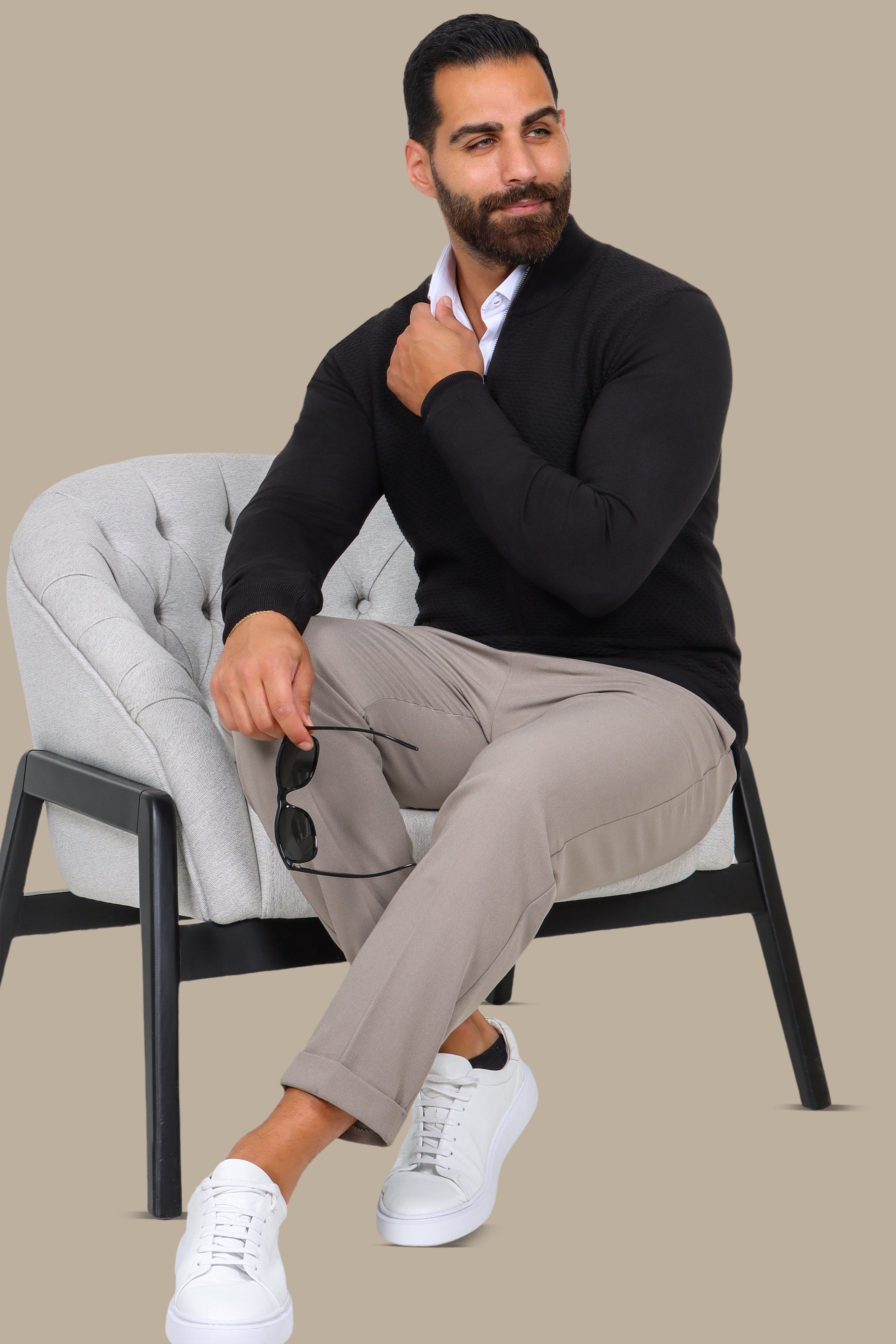Black Full-Zip Cardigan with Honey Print