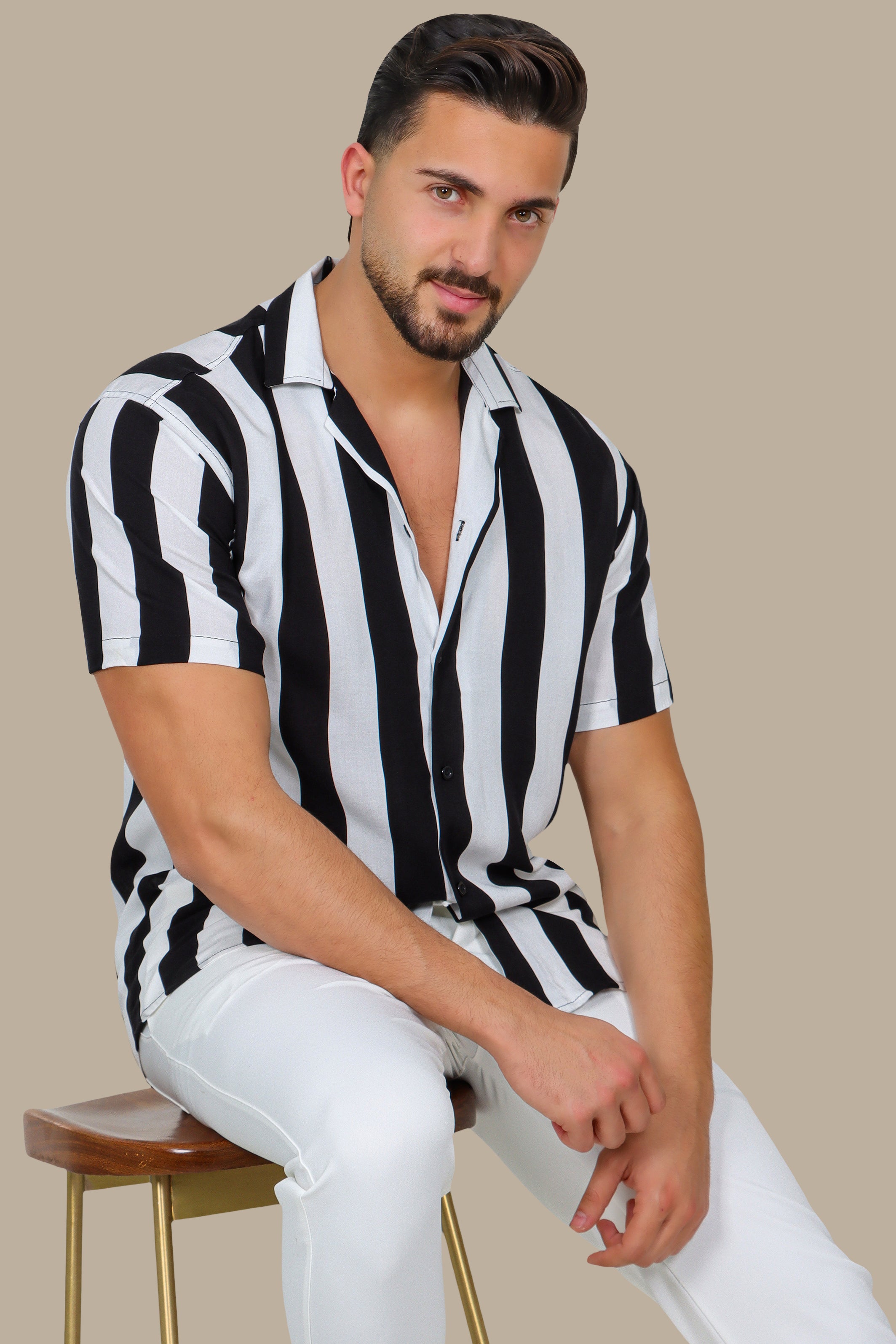 Striking Contrast: Black & White Striped Short-Sleeve Shirt