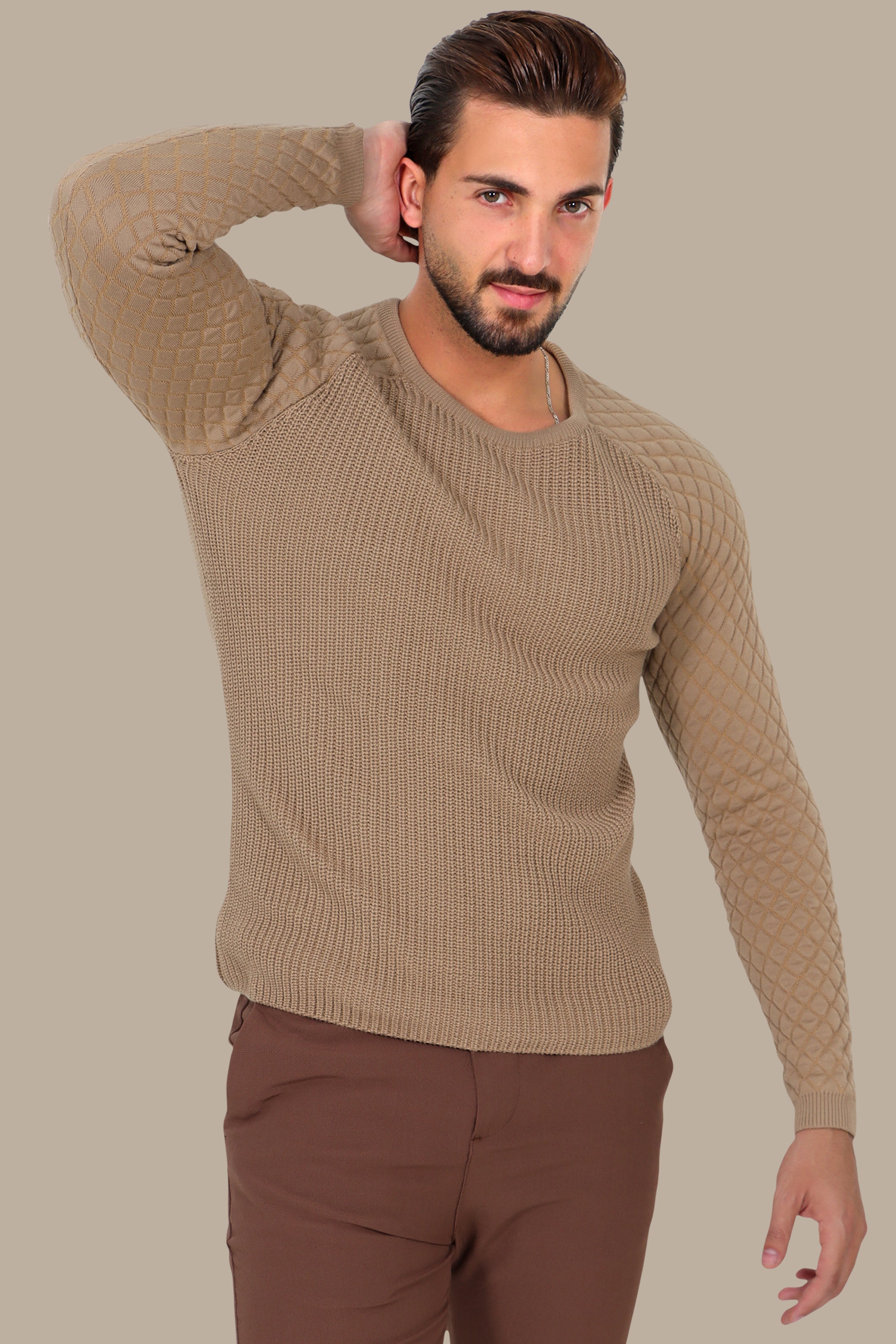 Beige Mercerized Sweater with Lozenge Shoulder Pattern