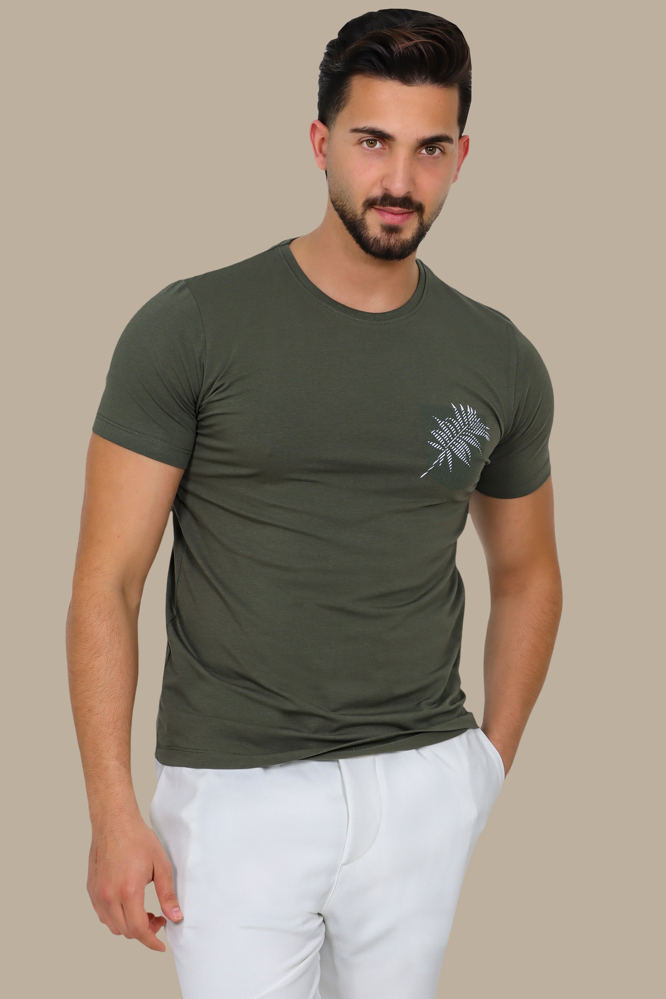 Khaki T-Shirt with Printed Pocket and Leaf Detail
