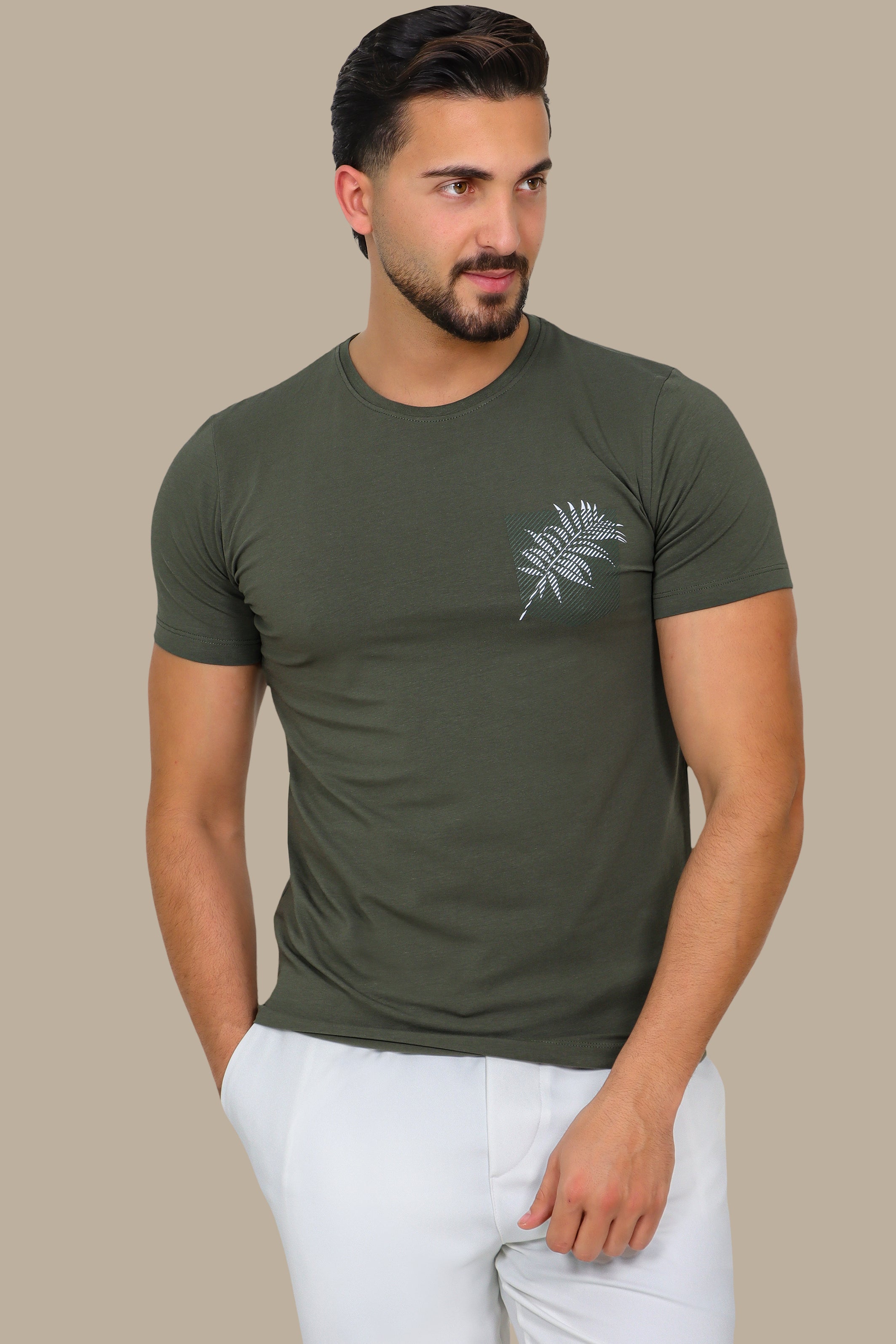 Khaki T-Shirt with Printed Pocket and Leaf Detail