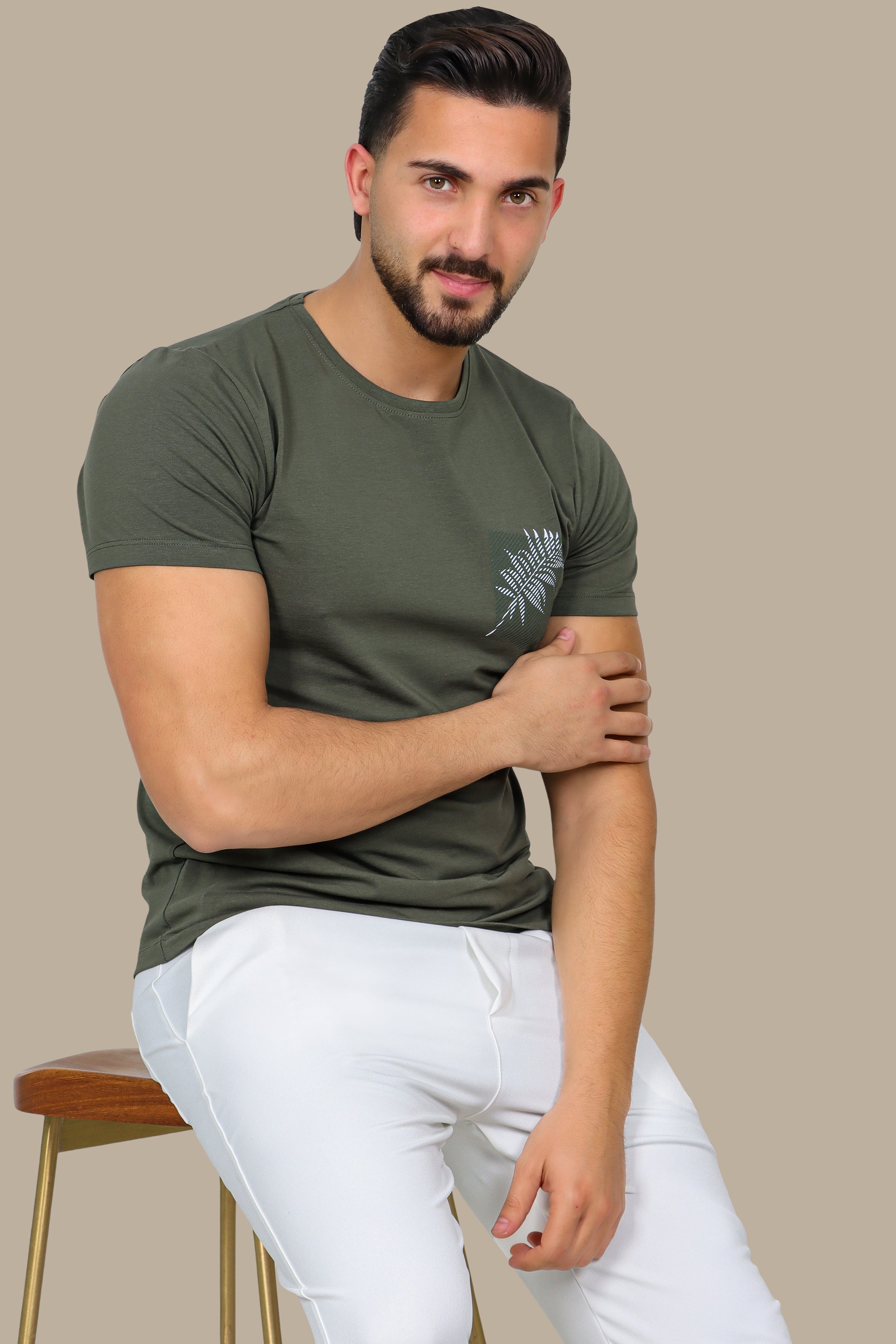 Khaki T-Shirt with Printed Pocket and Leaf Detail