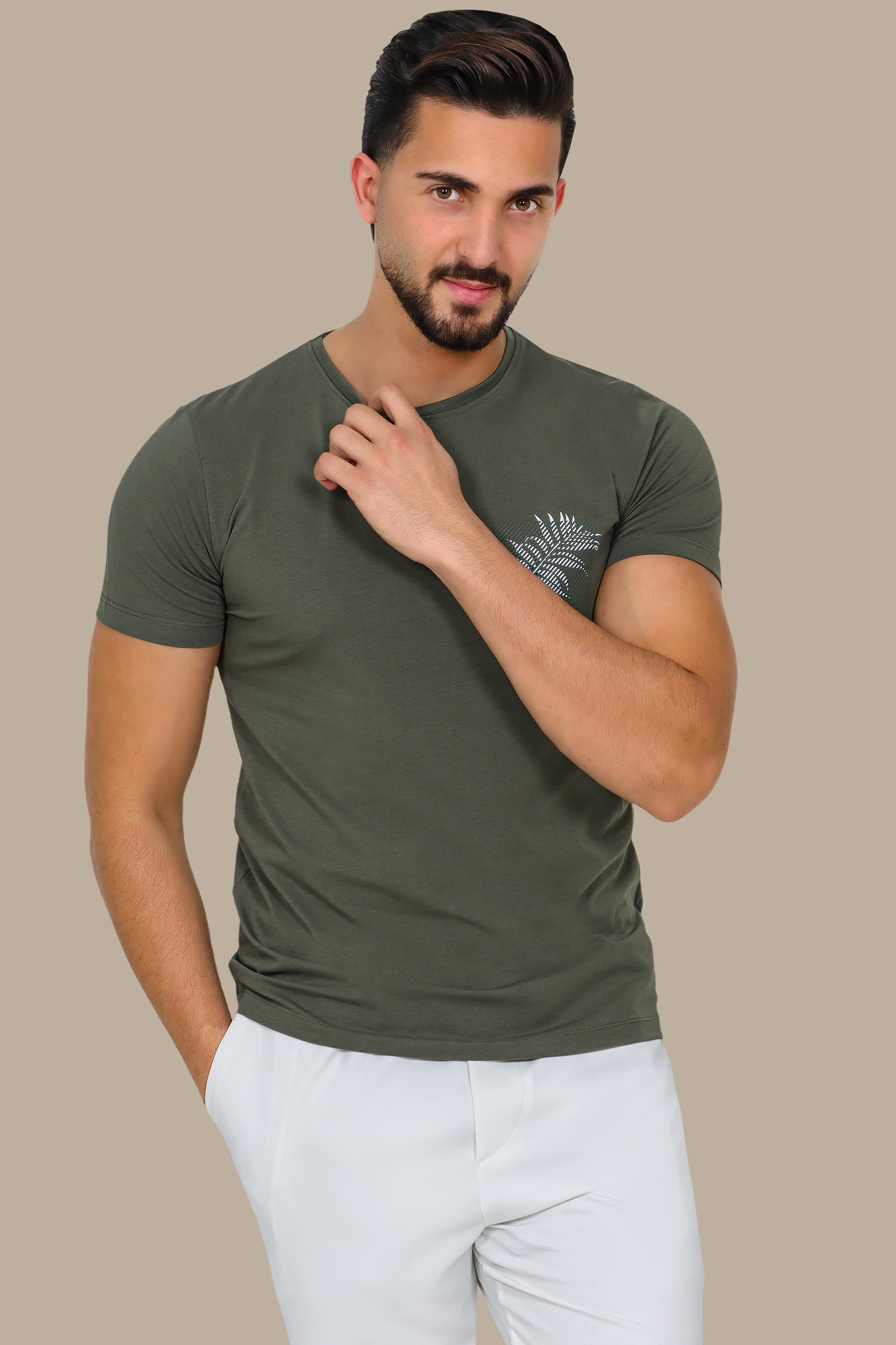 Khaki T-Shirt with Printed Pocket and Leaf Detail