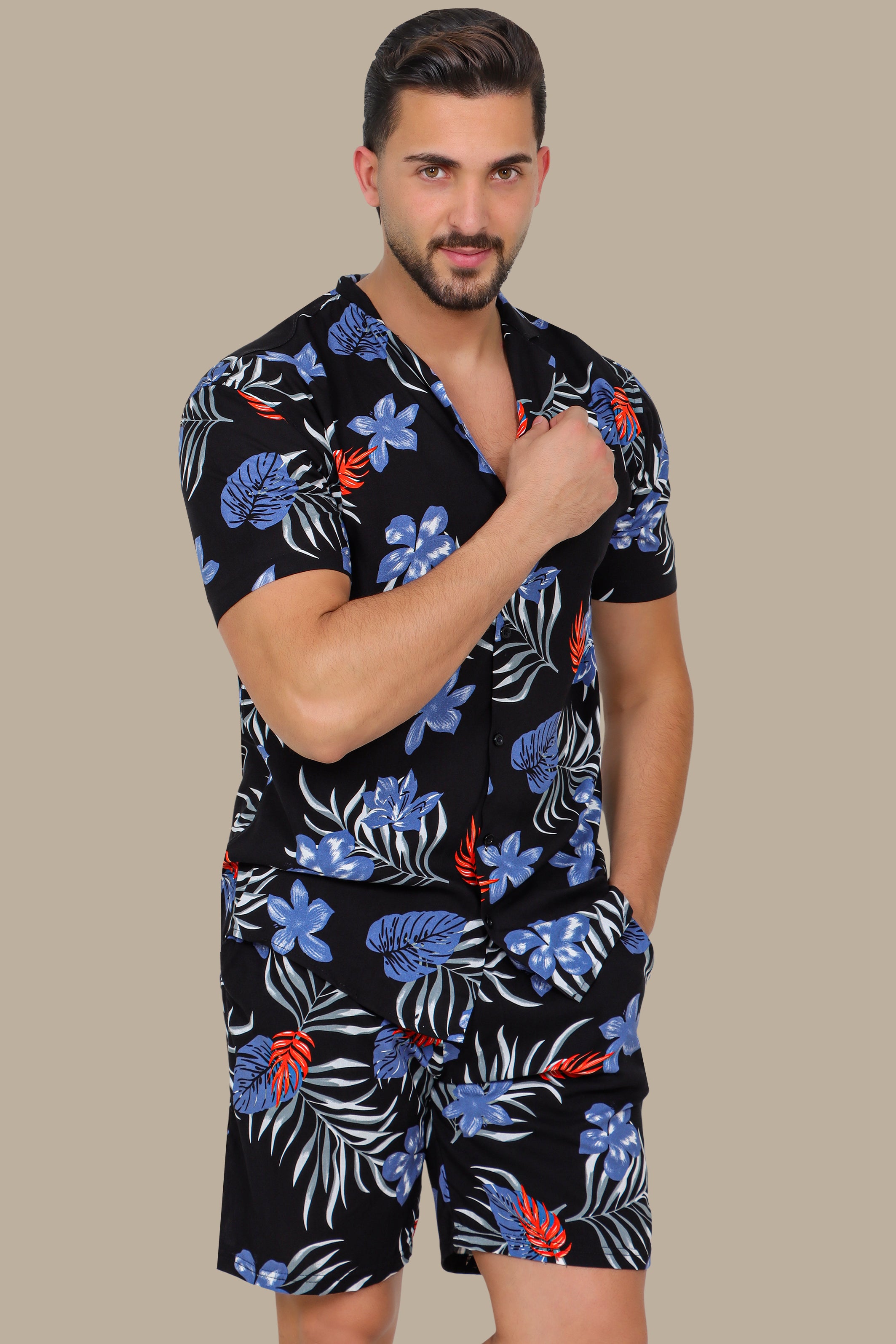 Black Hawaiian Shirt with Blue Leaves Print