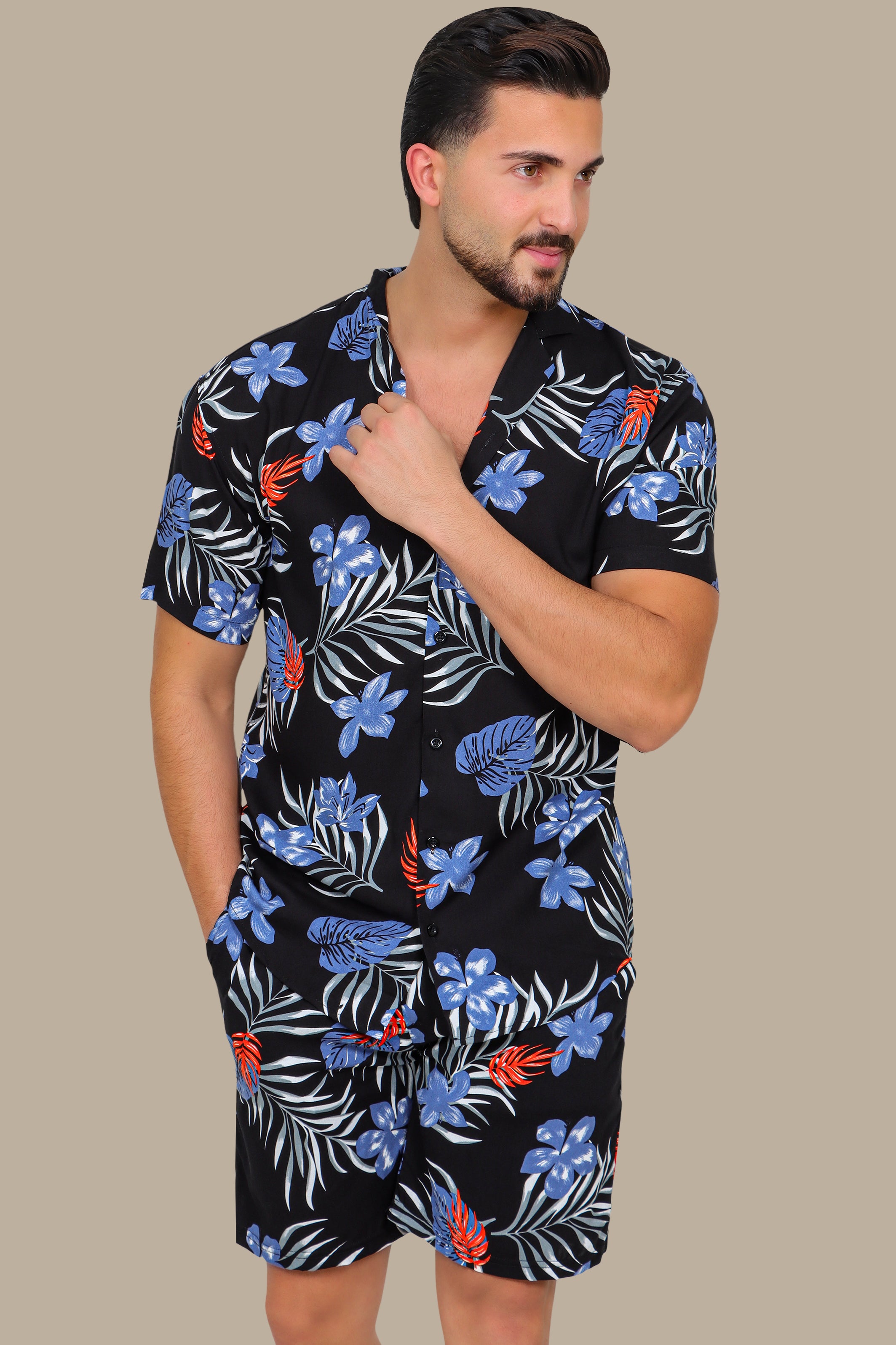 Black Hawaiian Shirt with Blue Leaves Print