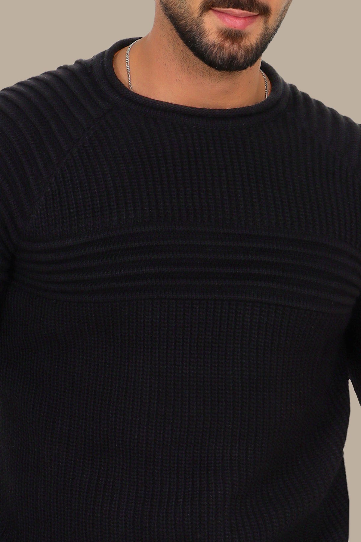 Mercerized Sweater with Medium Ribbed Lines Black