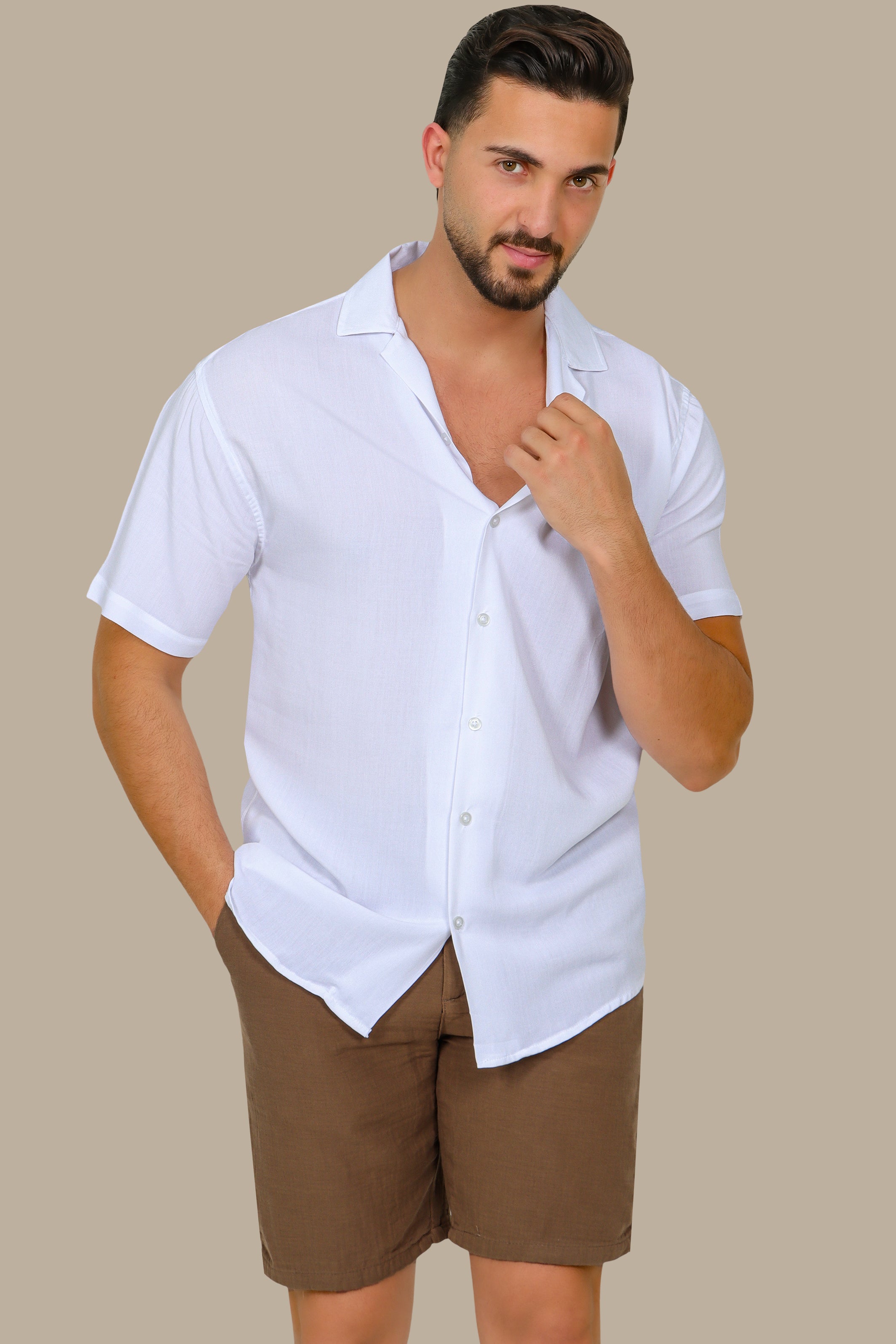 Classic Ease: White Crepe Short-Sleeve Shirt