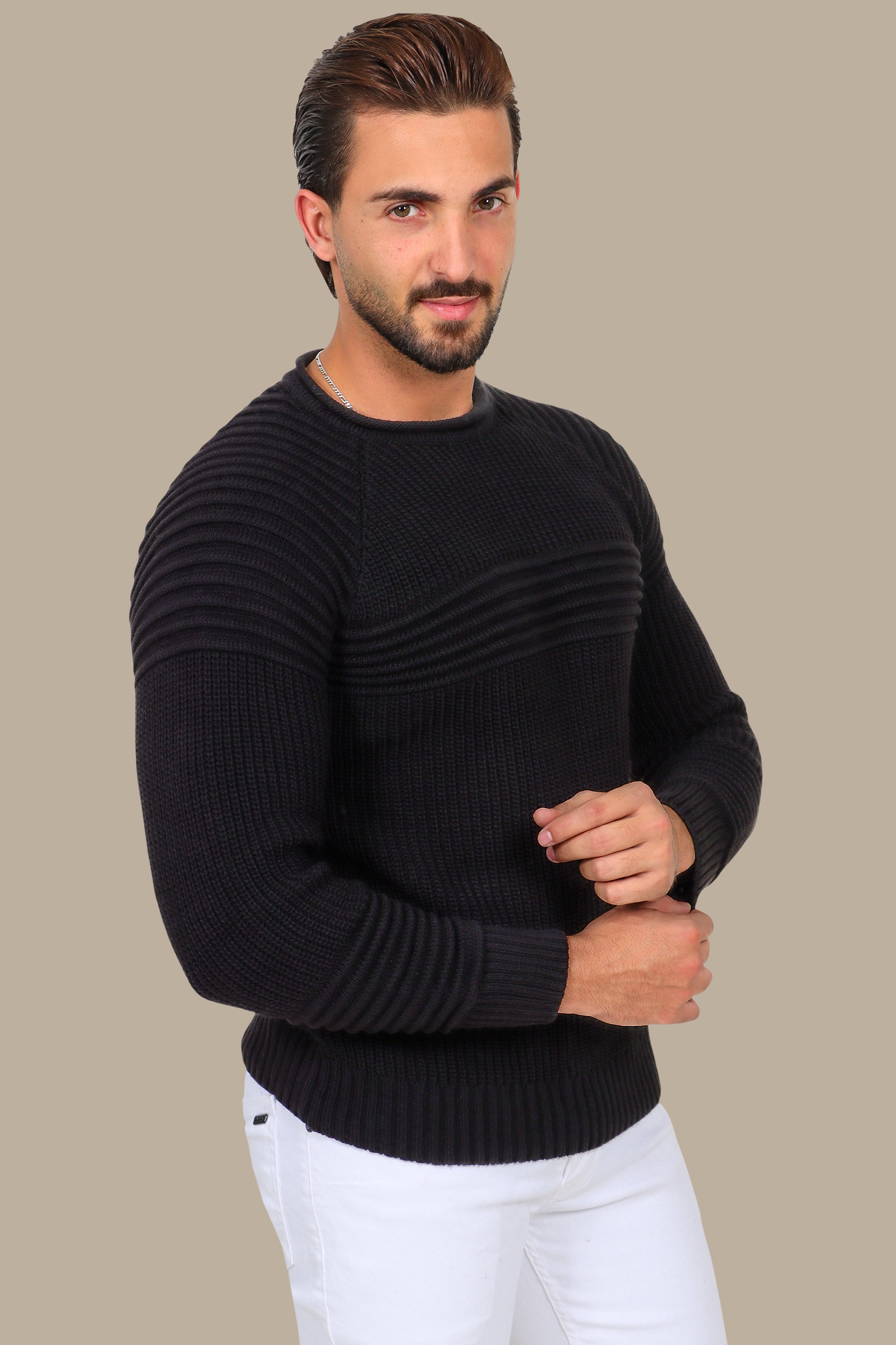 Mercerized Sweater with Medium Ribbed Lines Black