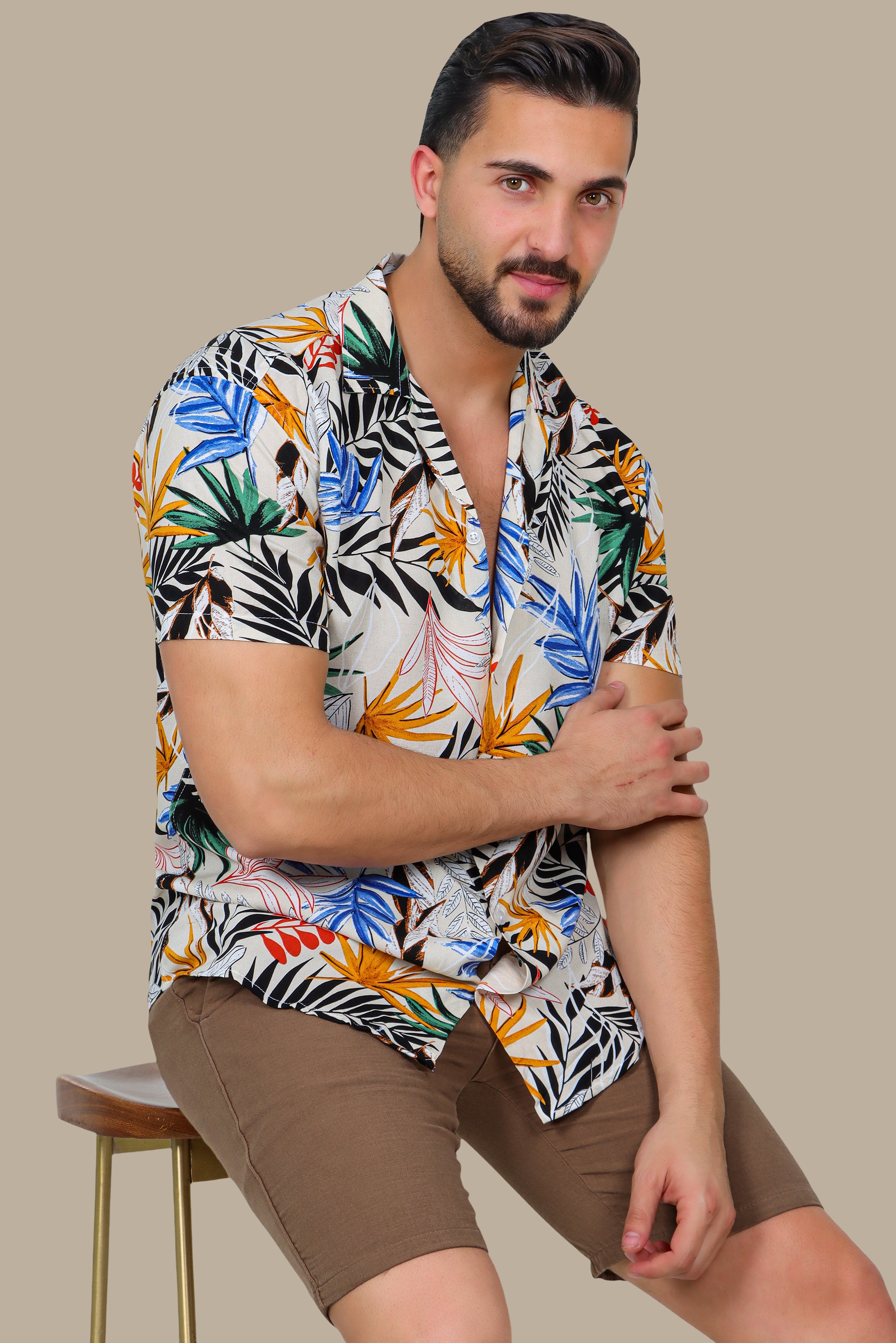 Beige Multi-Colored Leaf Print Hawaiian Shirt