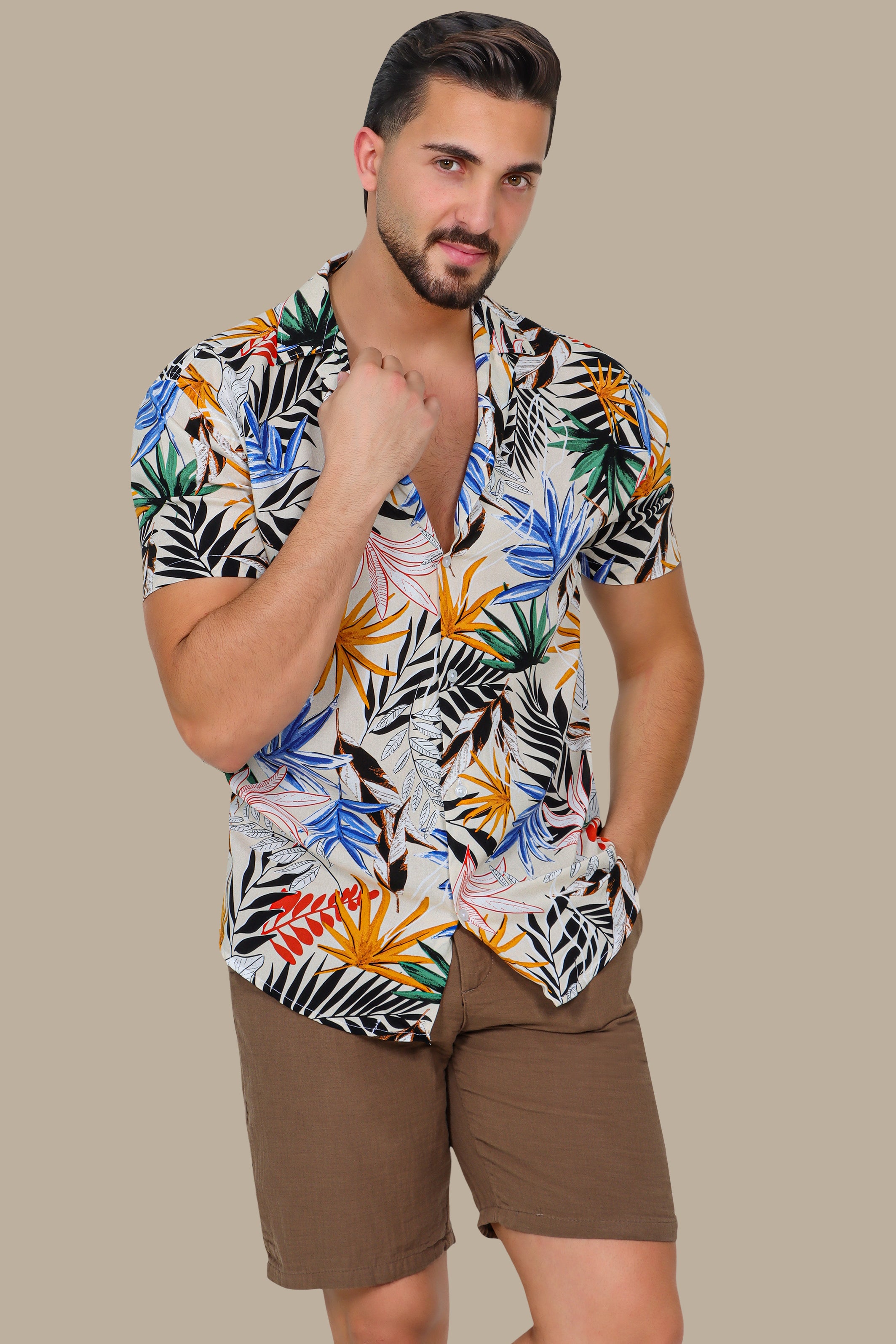 Beige Multi-Colored Leaf Print Hawaiian Shirt