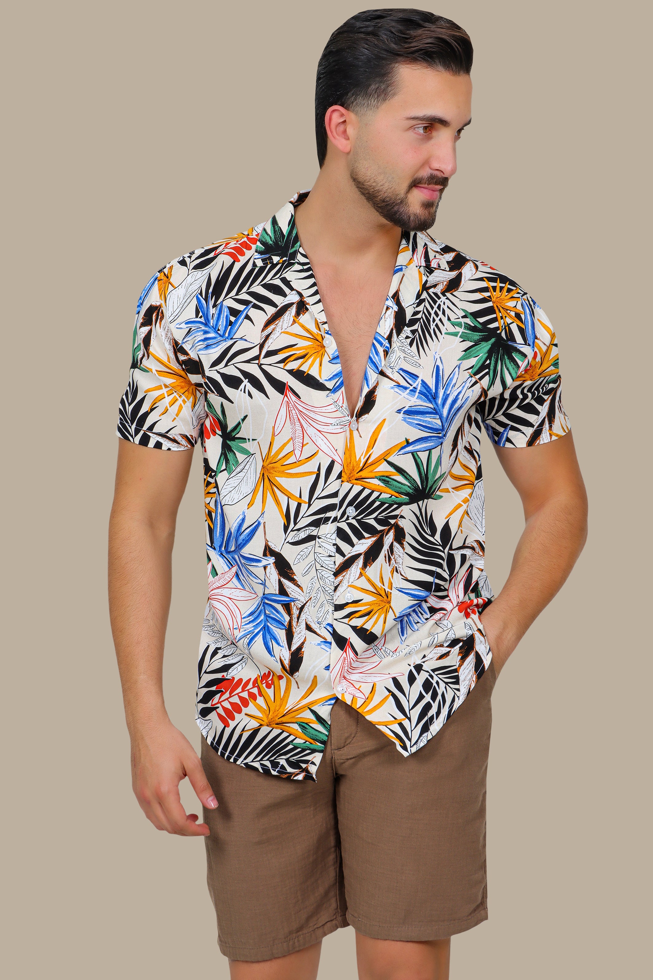 Beige Multi-Colored Leaf Print Hawaiian Shirt