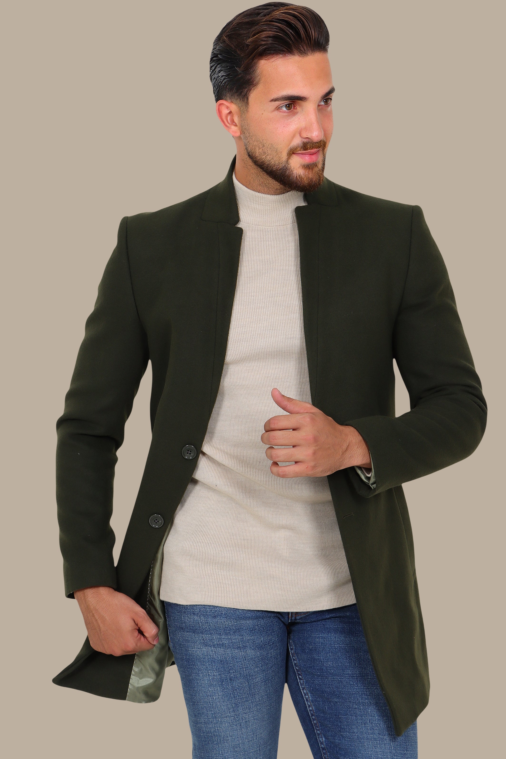 Khaki Classic: Embrace Timeless Style with the Coat Col Mao in Basic Khaki
