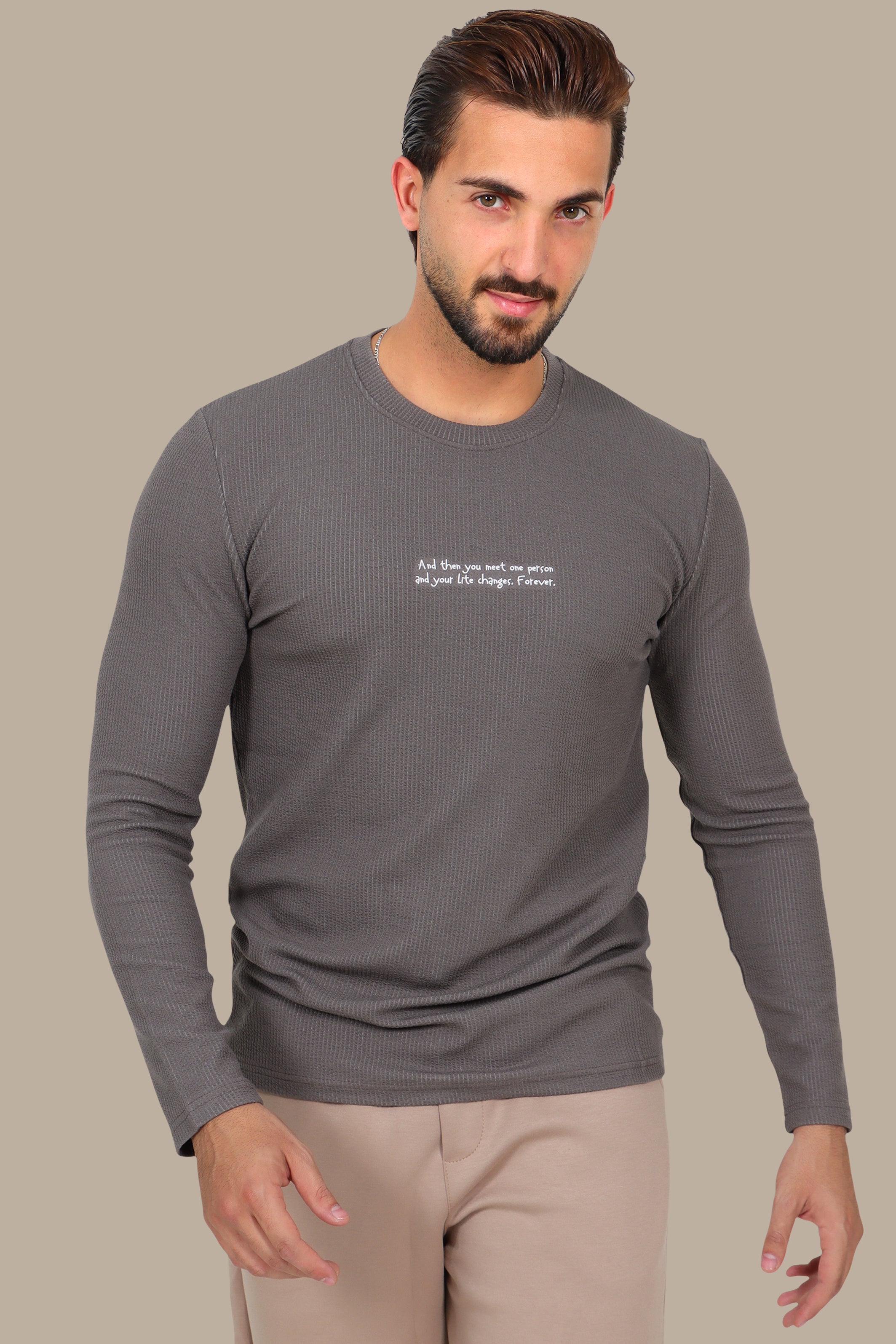 Ribbed Long-Sleeve Top Mocha with Quote Print