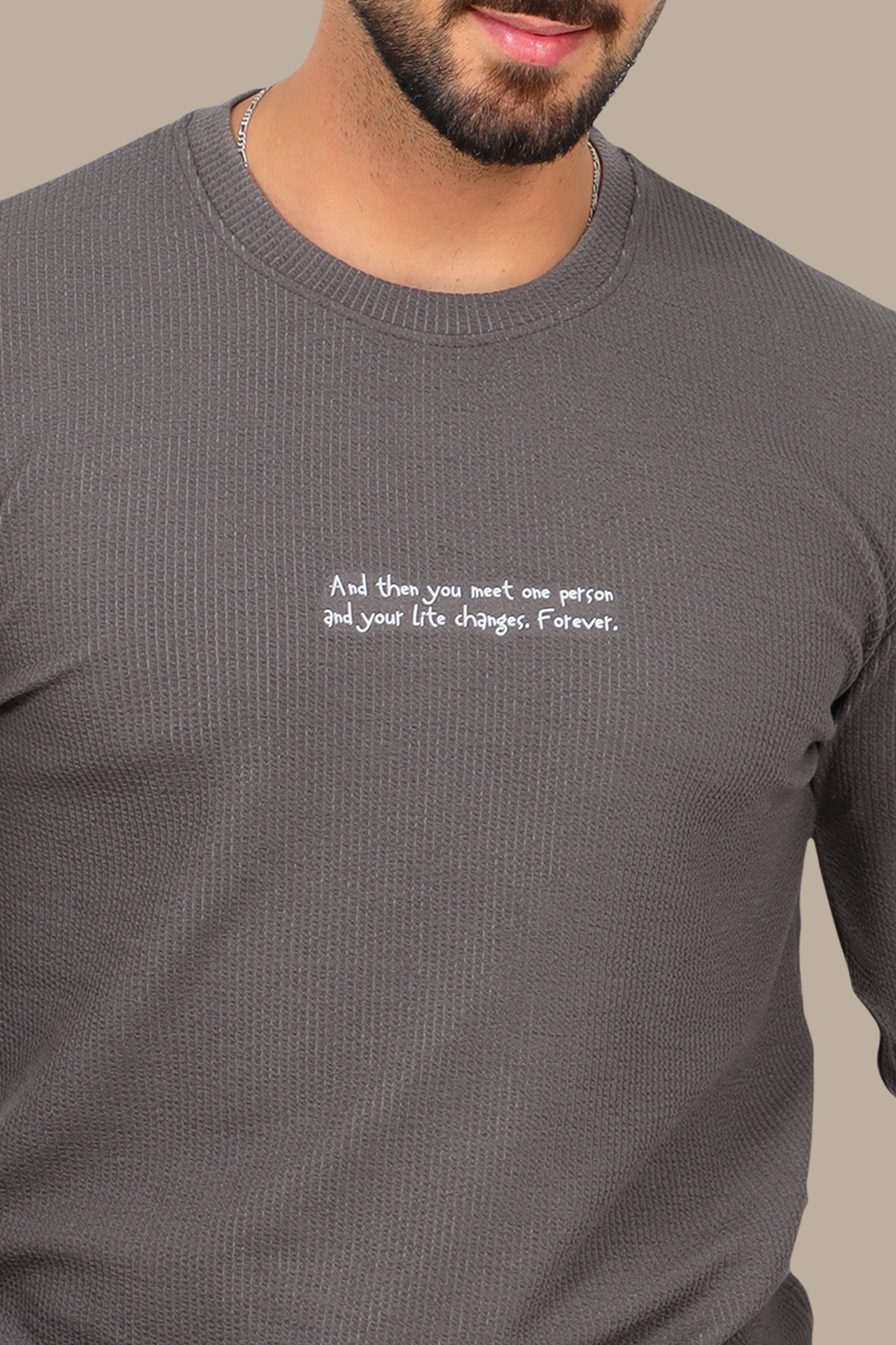 Ribbed Long-Sleeve Top Mocha with Quote Print