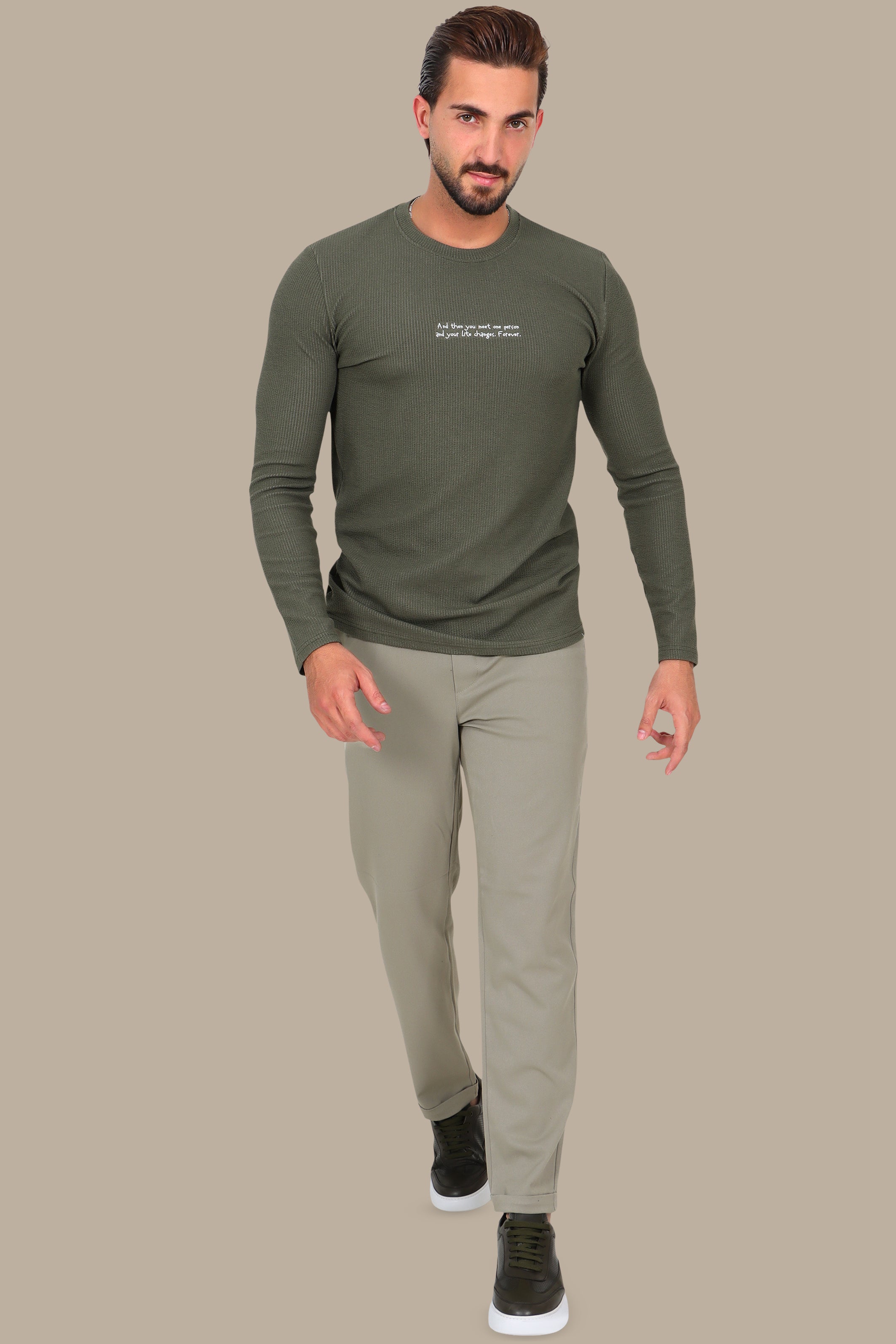 Ribbed Long-Sleeve Top Olive with Quote Print