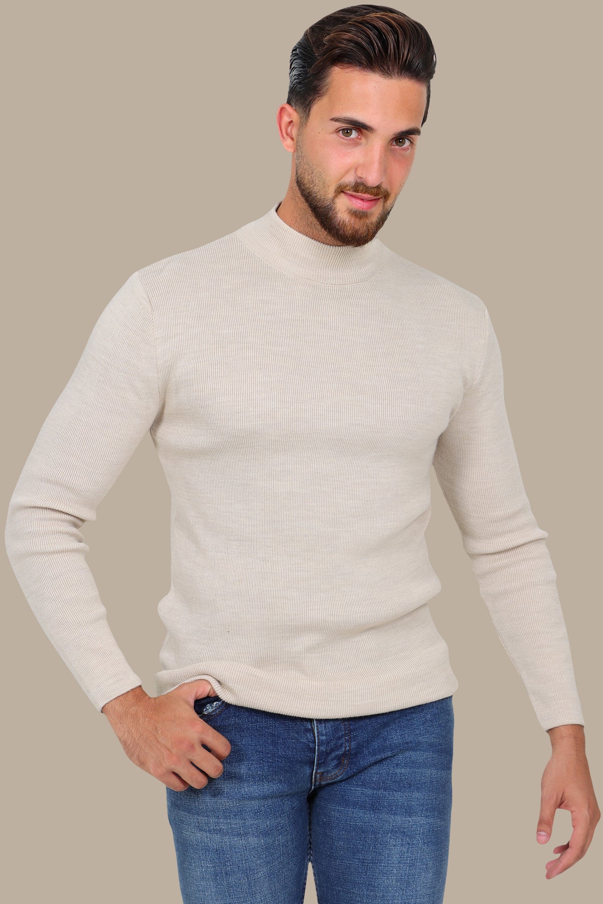 Refined High Neck Sweater in Luxe Beige