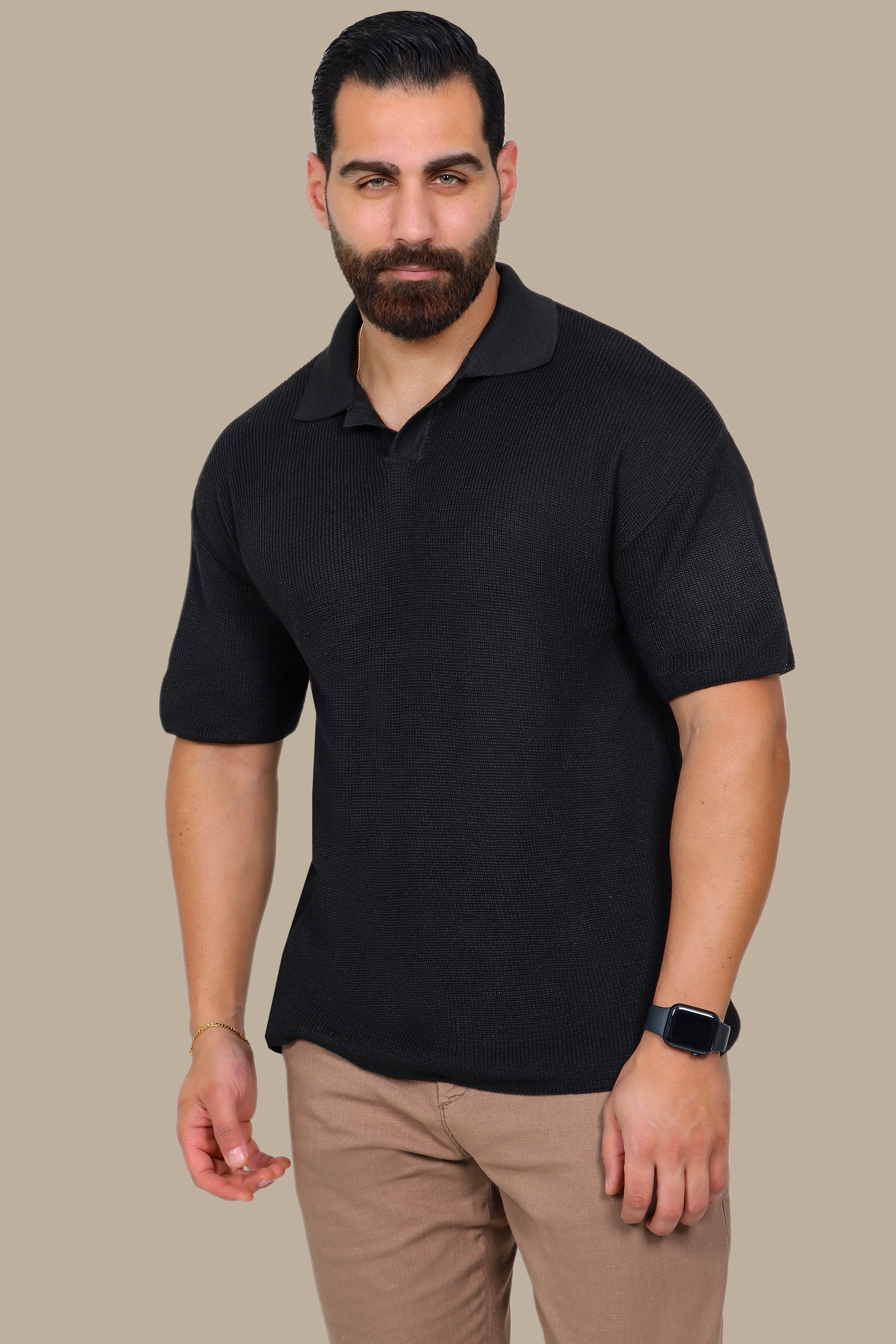 Black Mercerized V-Neck Polo Shirt