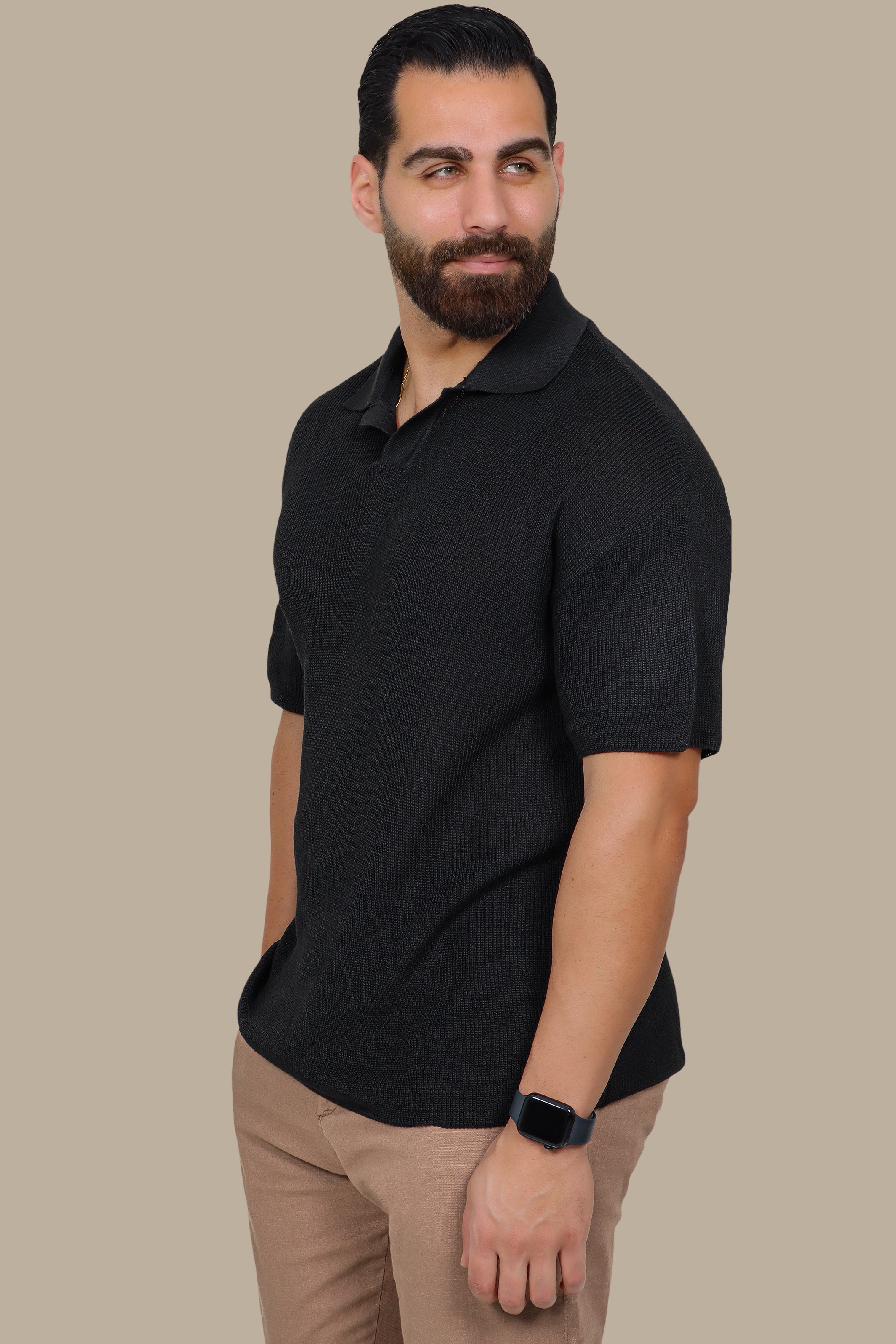 Black Mercerized V-Neck Polo Shirt
