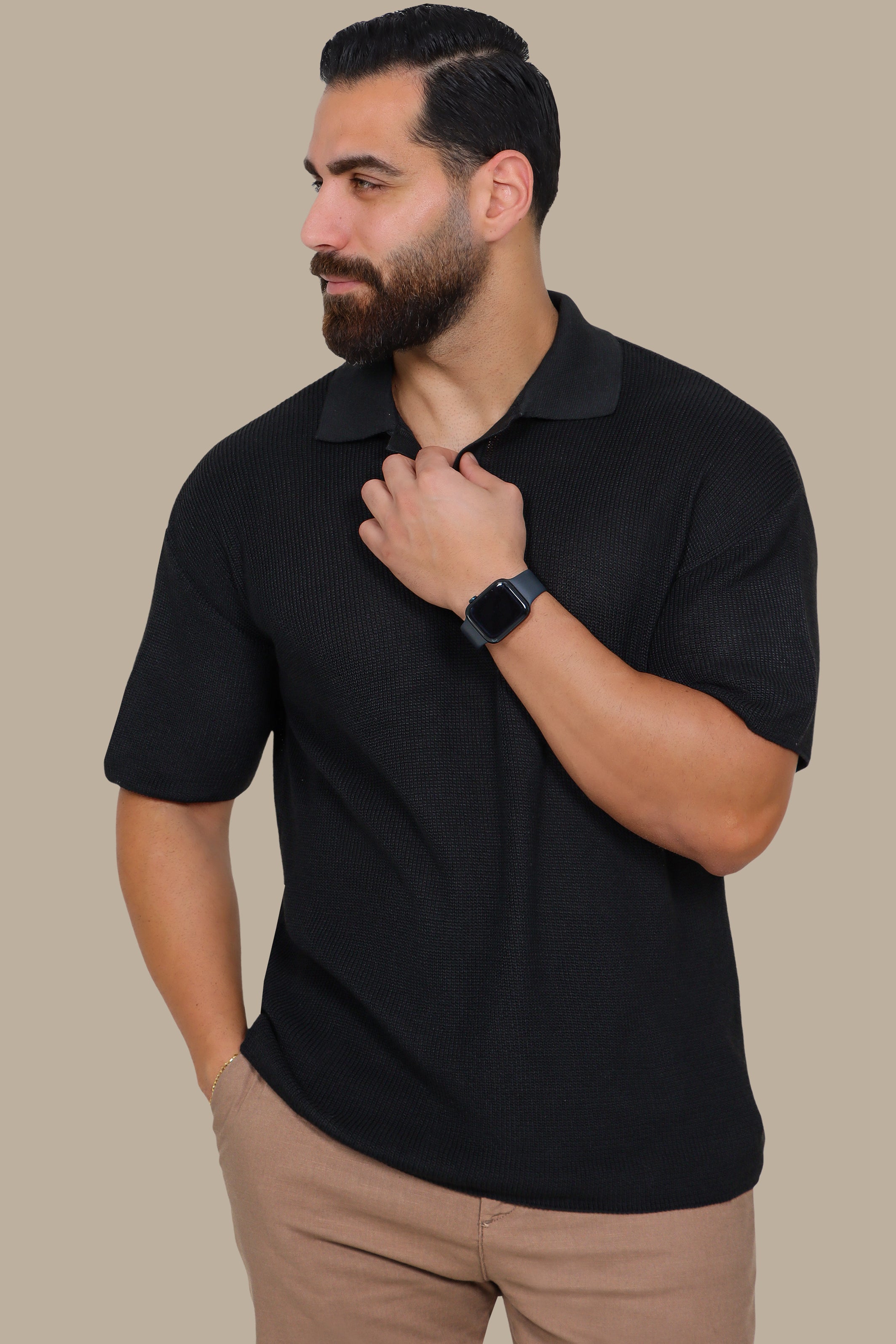 Black Mercerized V-Neck Polo Shirt