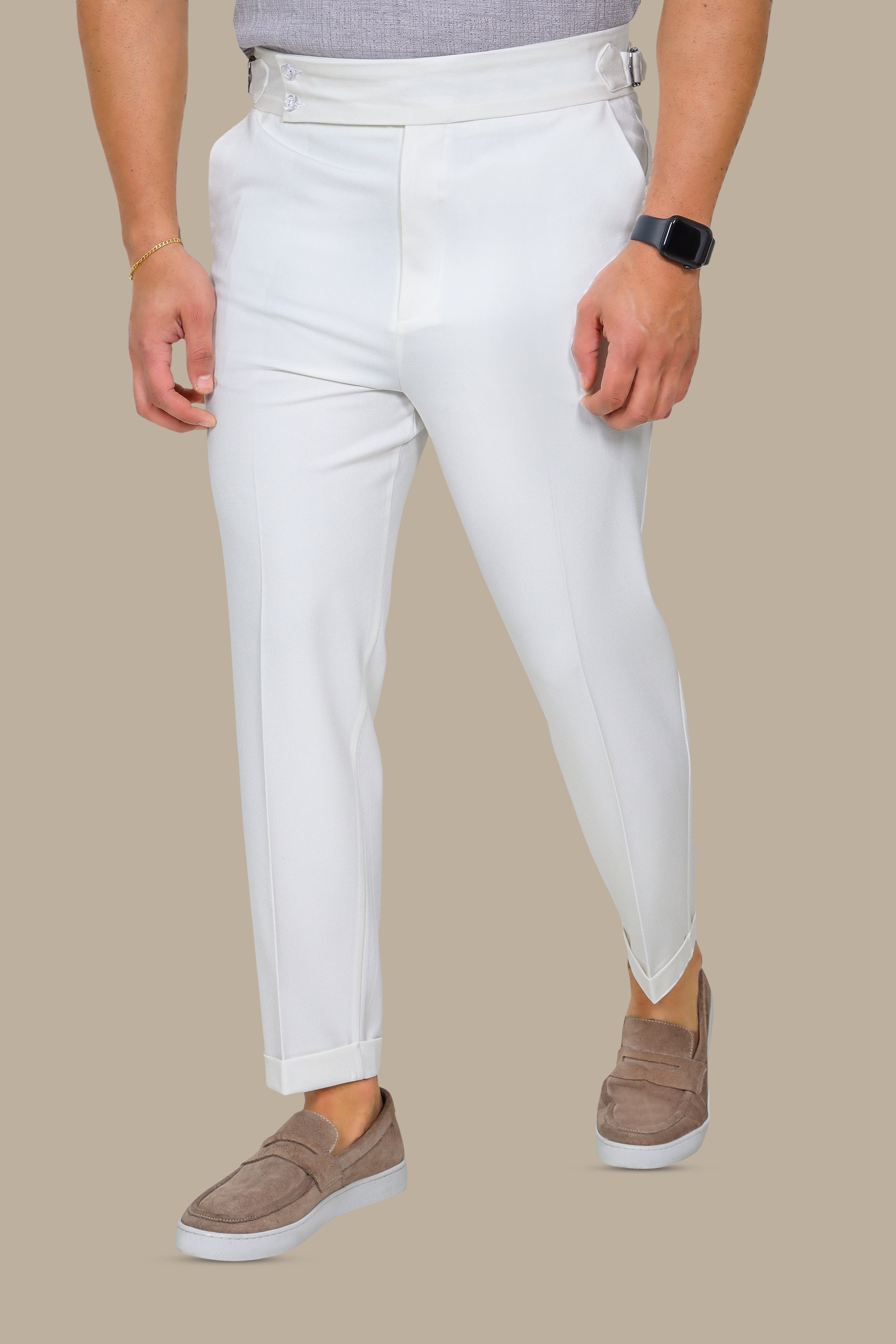 White Slim Fit Pants with Wide Waist Double Button
