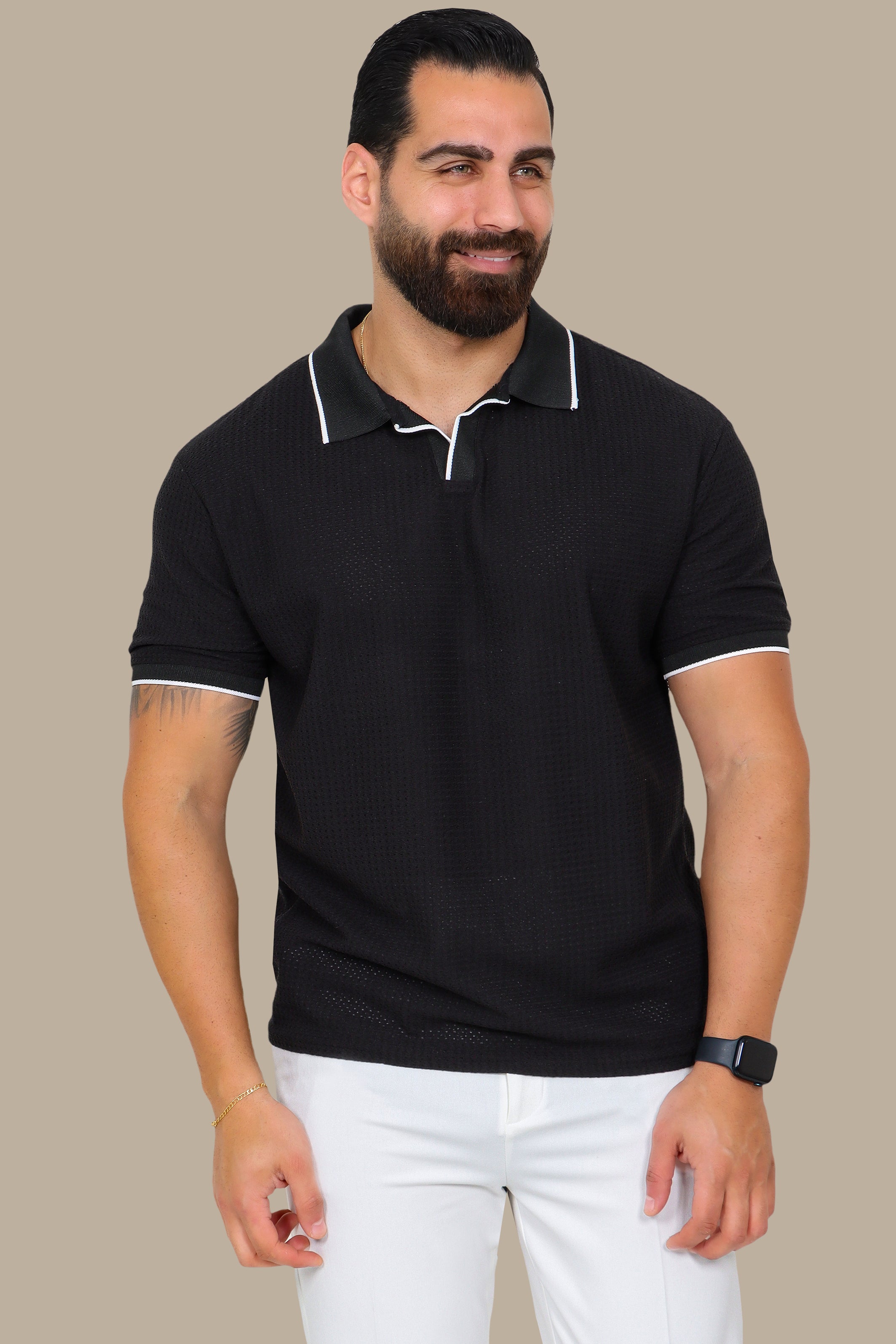 Black V-Neck Polo Shirt in Breathable Fabric