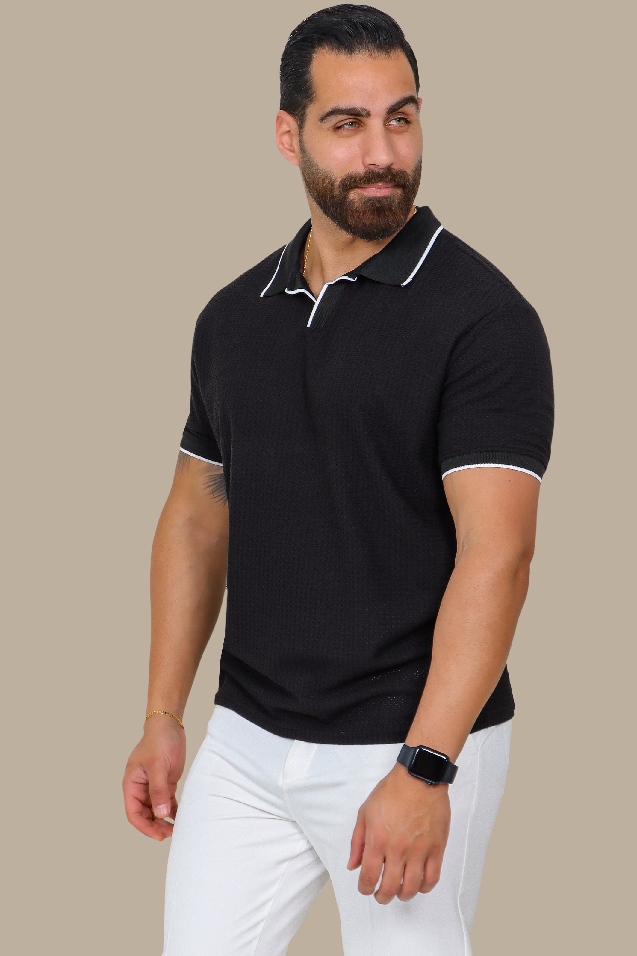 Black V-Neck Polo Shirt in Breathable Fabric