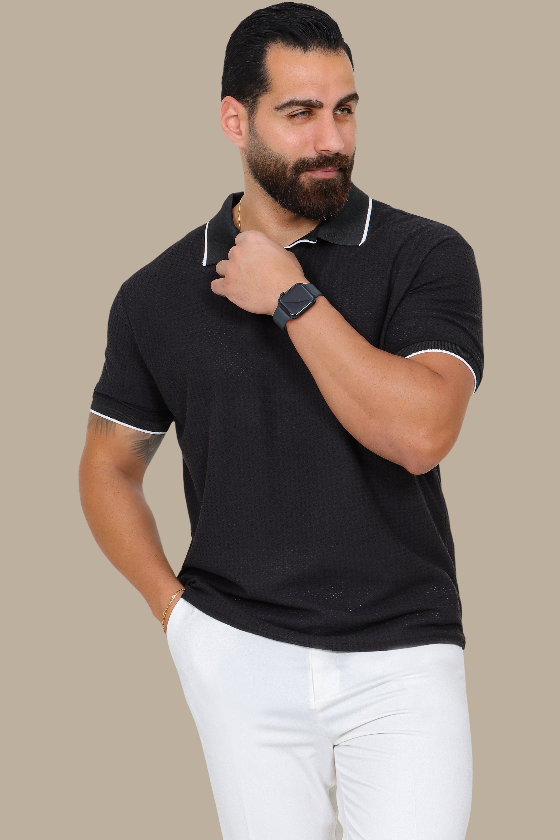 Black V-Neck Polo Shirt in Breathable Fabric