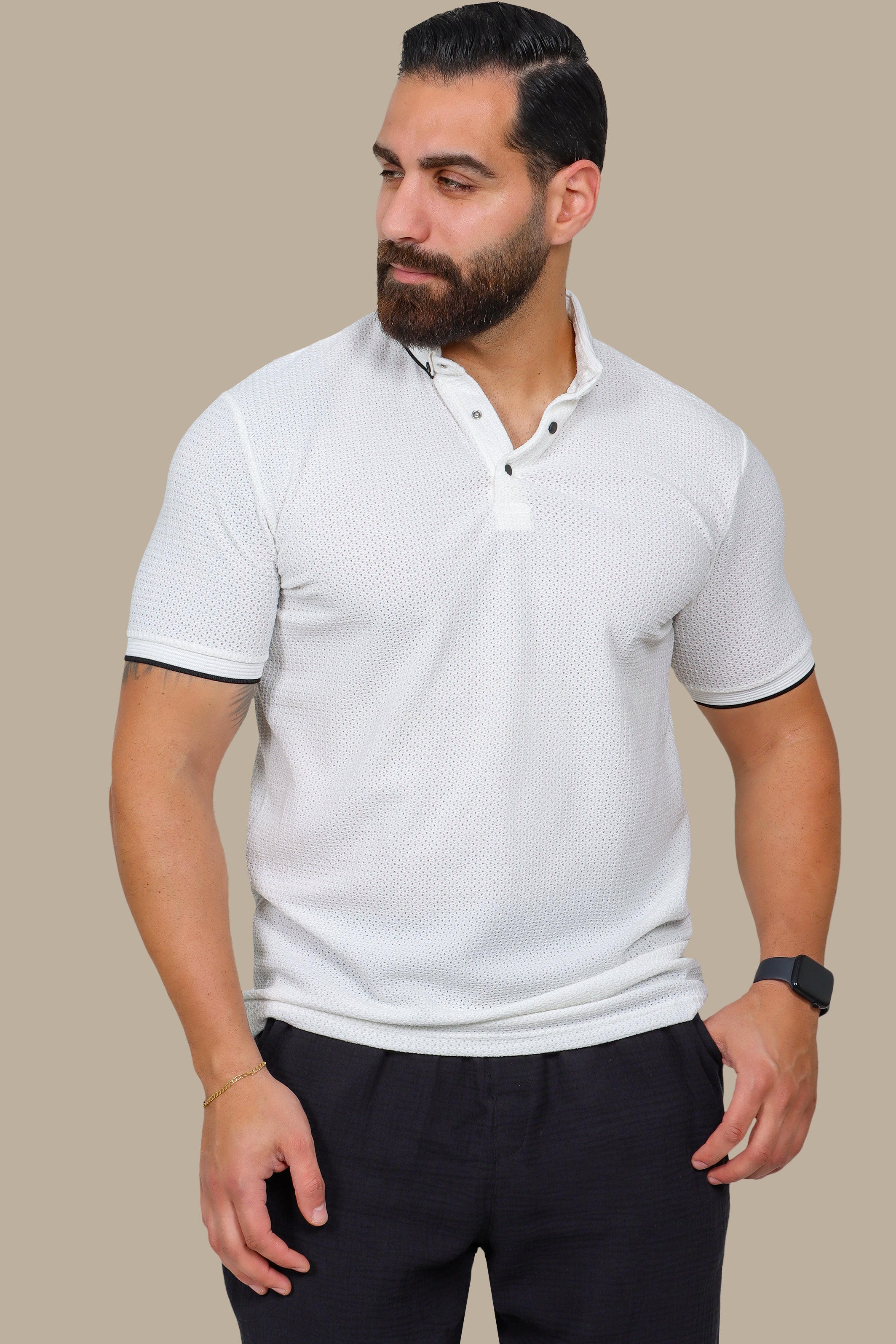 White Button-Down Polo Shirt in Breathable Fabric