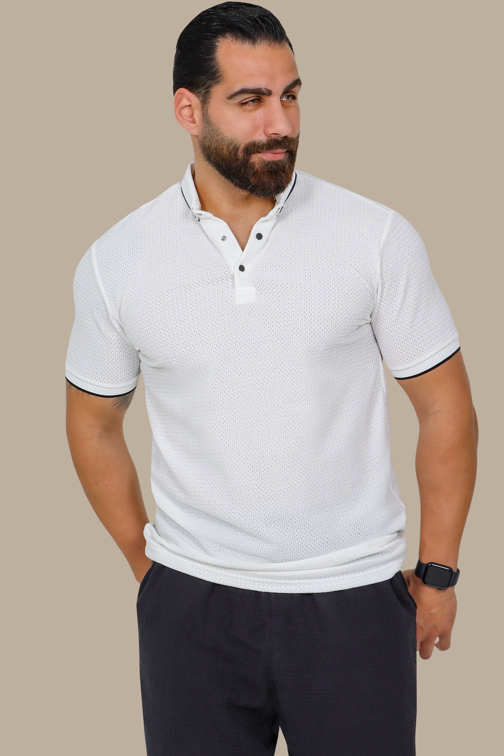 White Button-Down Polo Shirt in Breathable Fabric
