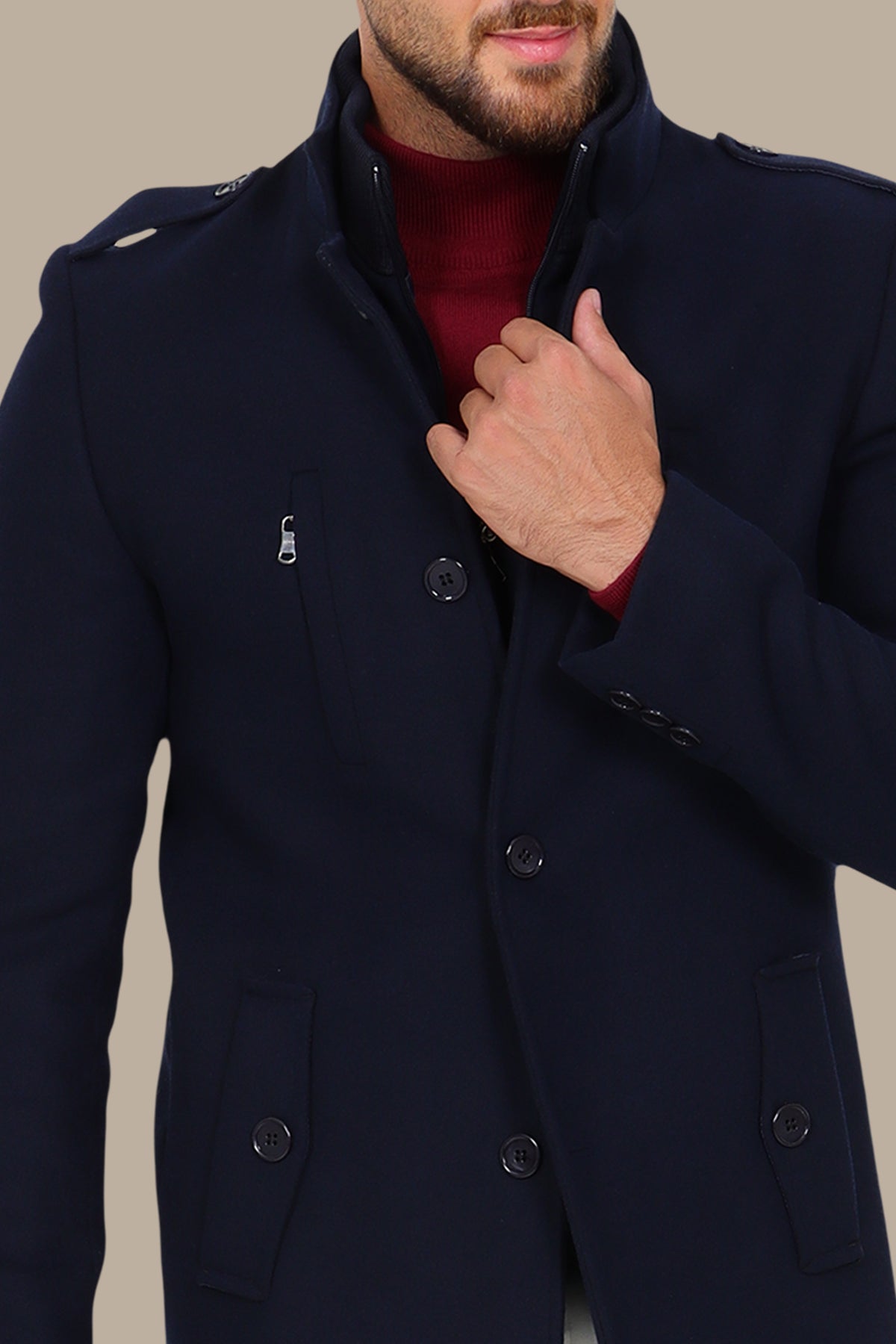 Navy Elegance: Detachable Mao Collar Coat in Timeless Style