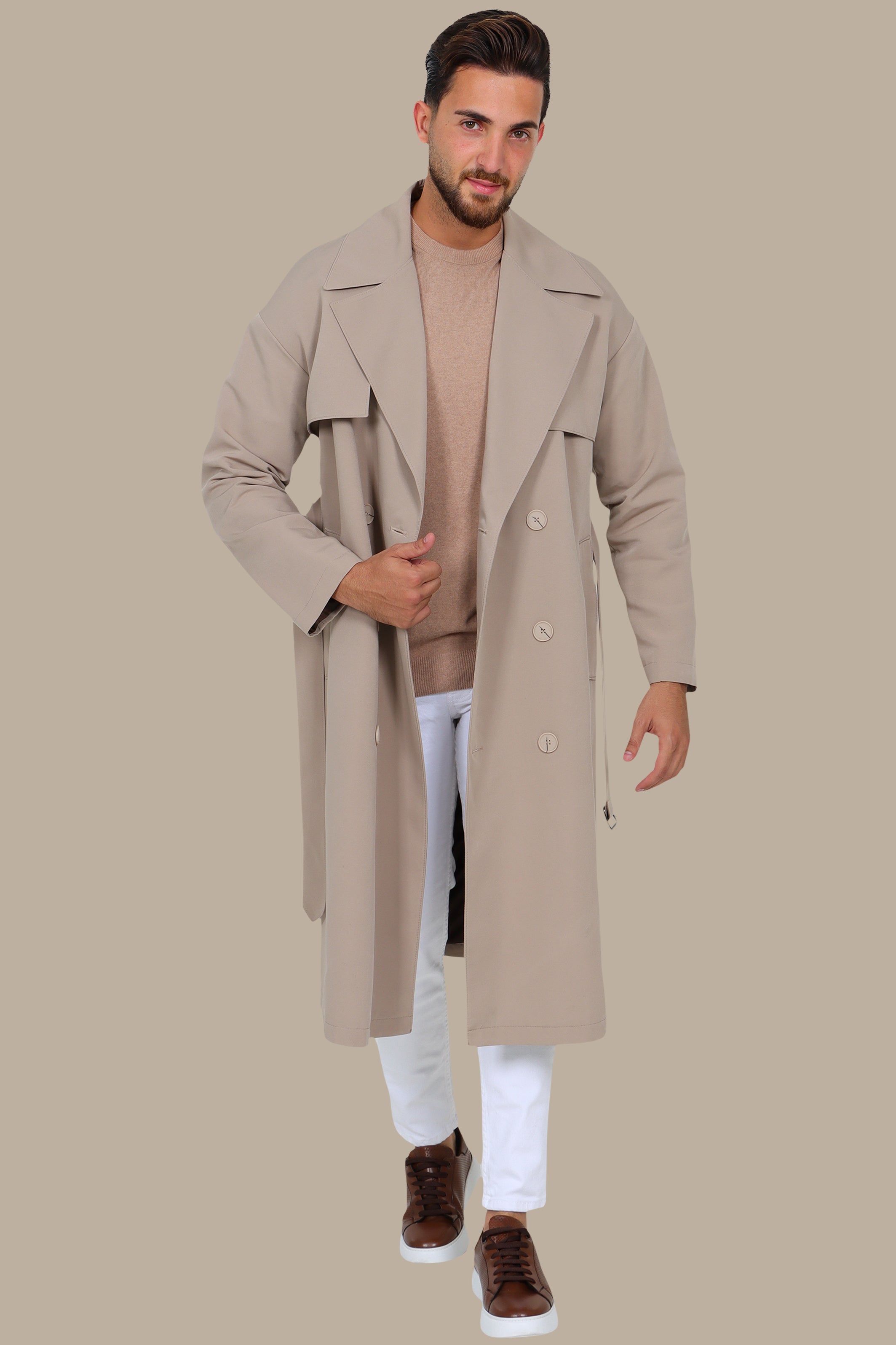 Oversized Double-Breasted Beige Long Trench Coat