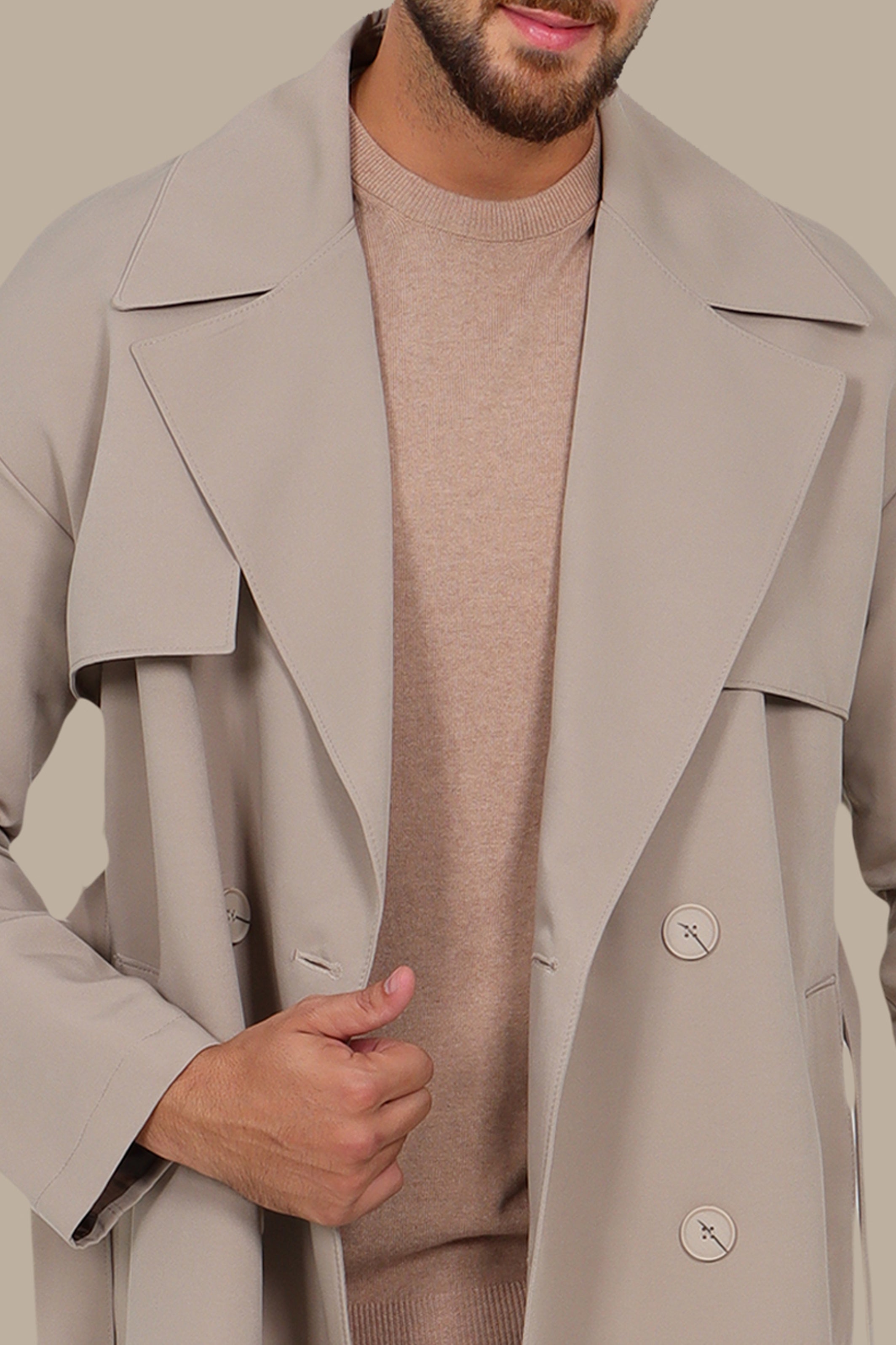 Oversized Double-Breasted Beige Long Trench Coat