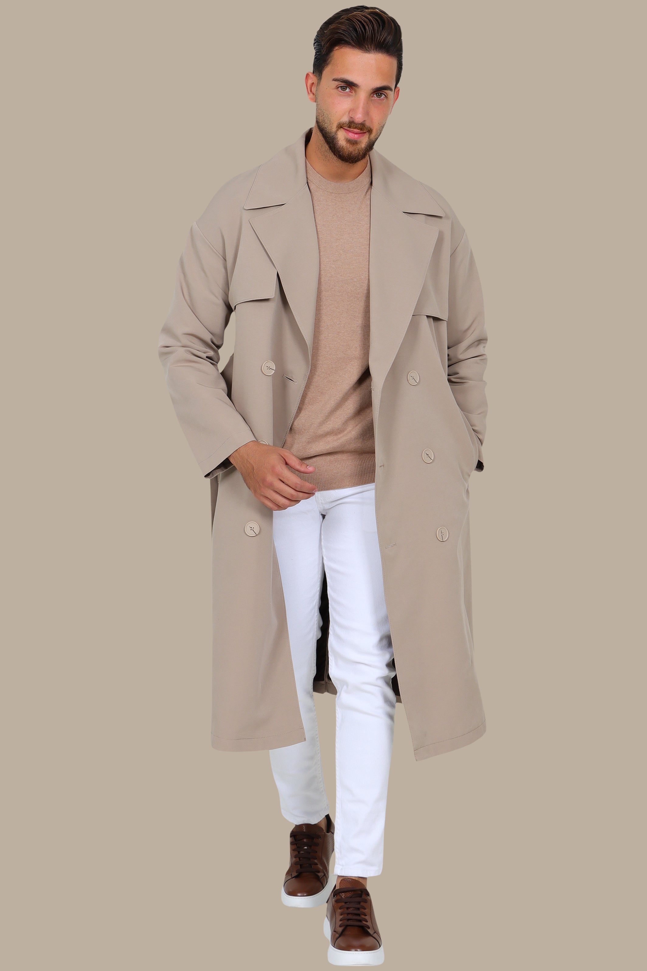 Oversized Double-Breasted Beige Long Trench Coat