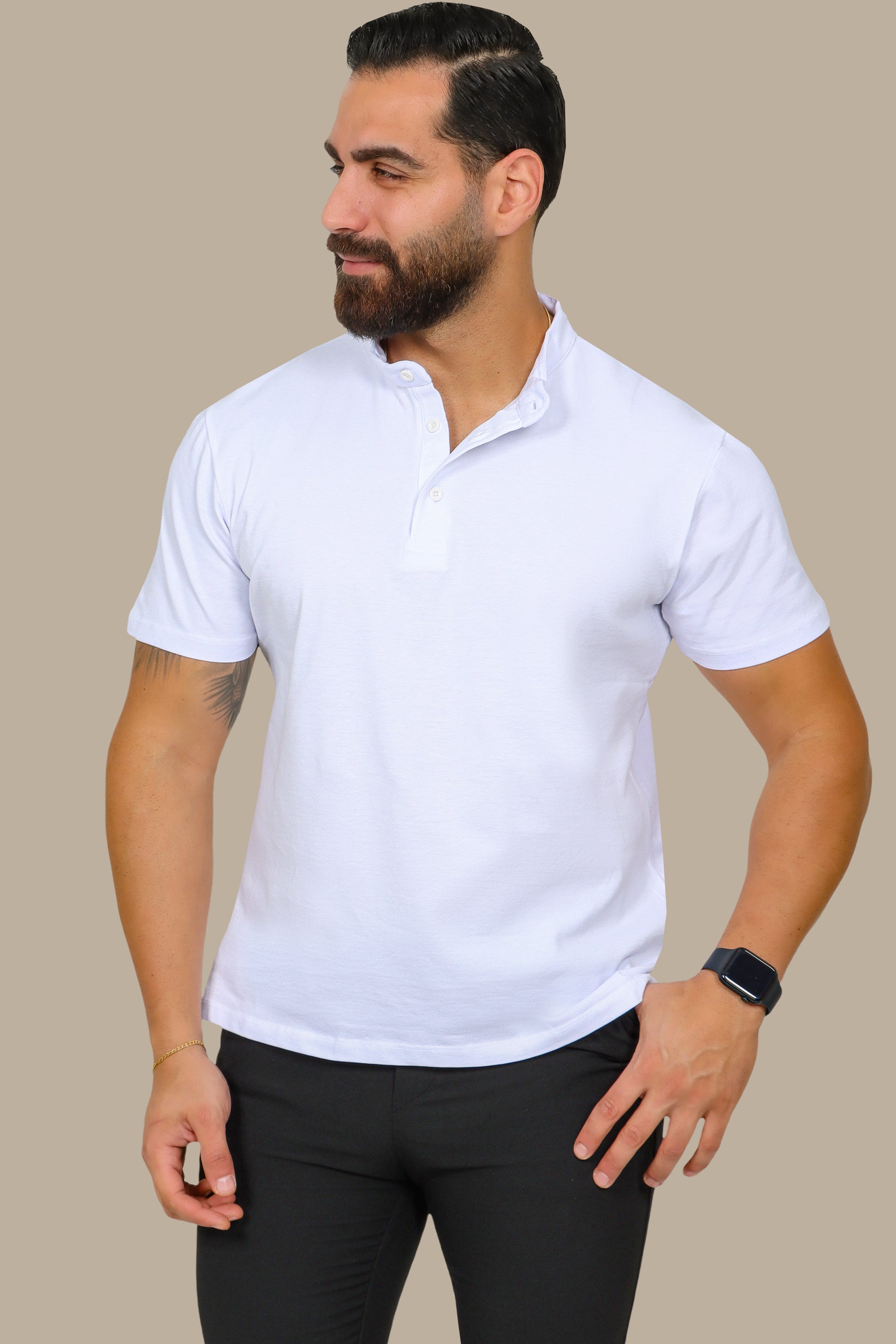 White Basic Mao Collar Polo