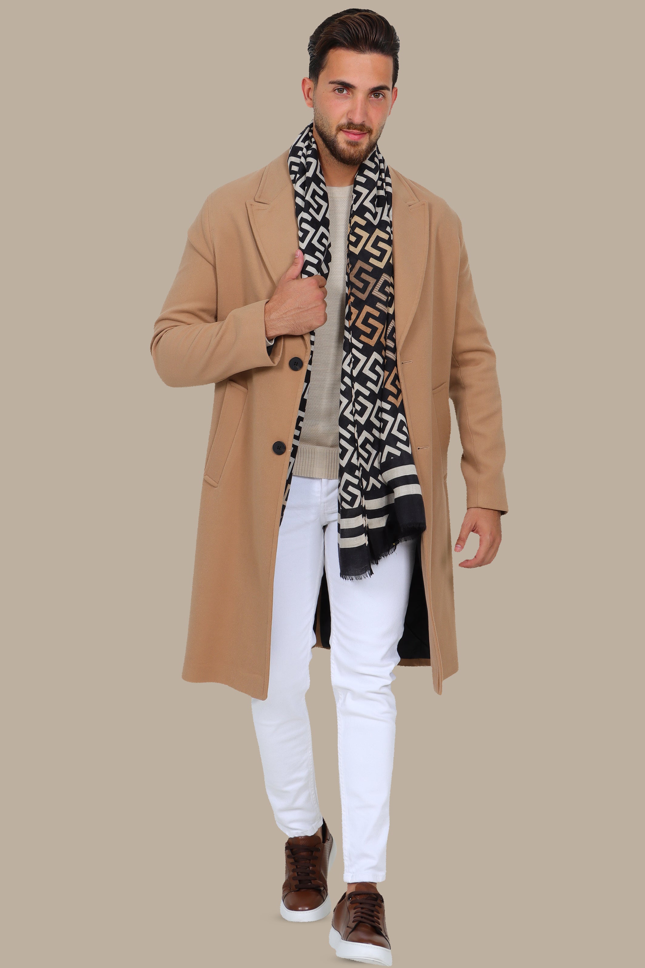 Oversized Beige Coat with Peak Lapels