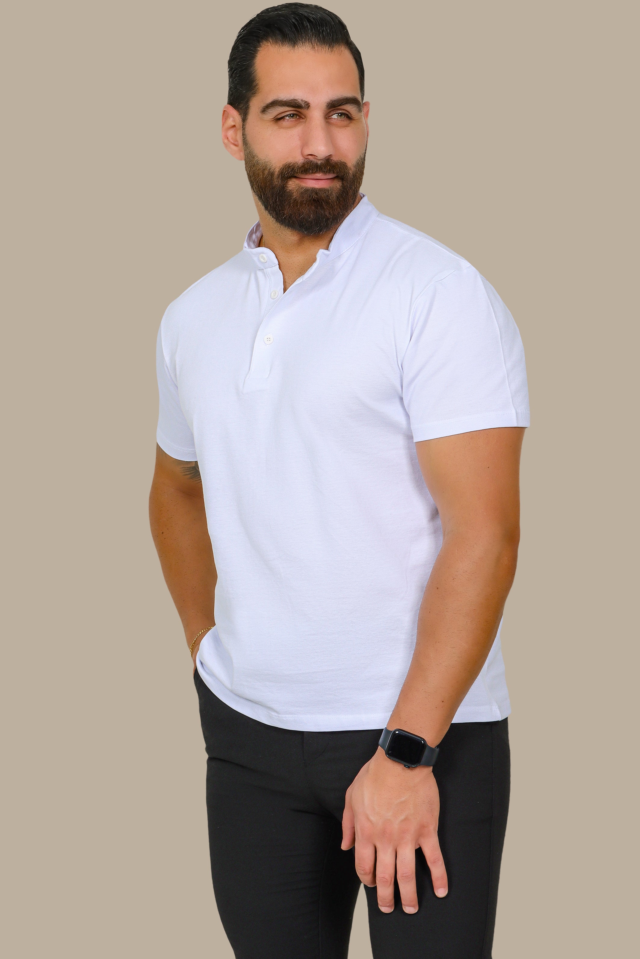 White Basic Mao Collar Polo