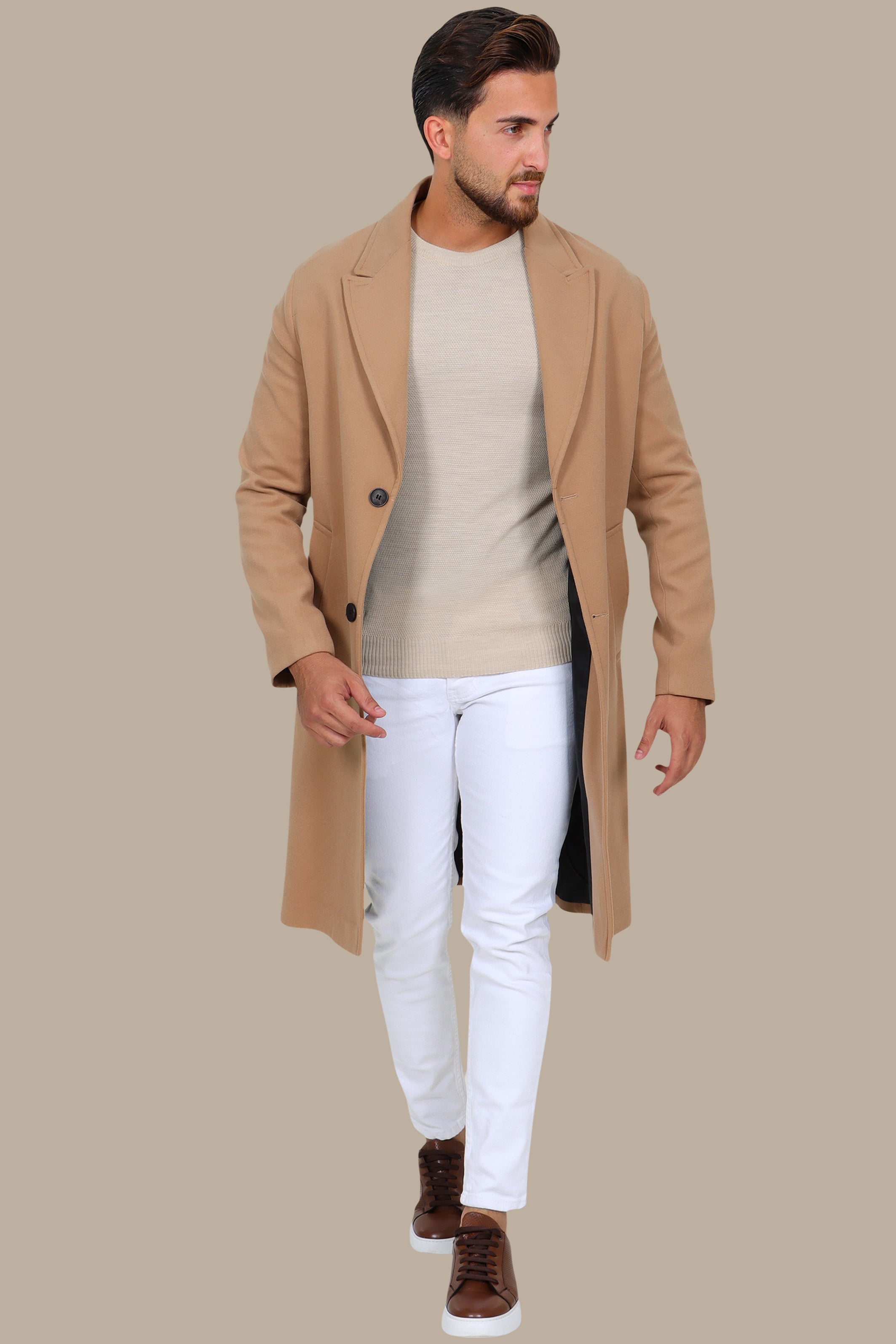 Oversized Beige Coat with Peak Lapels