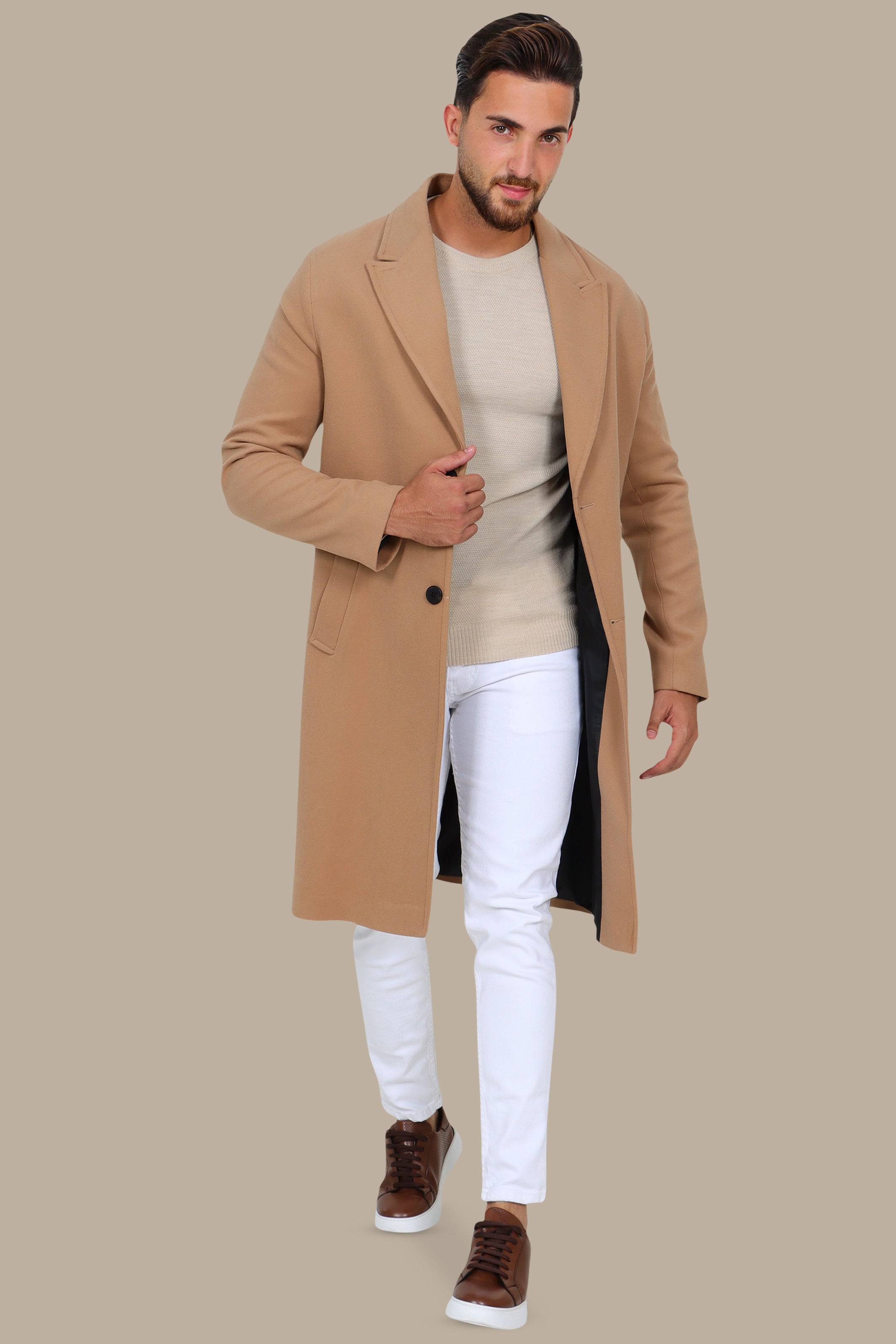 Oversized Beige Coat with Peak Lapels