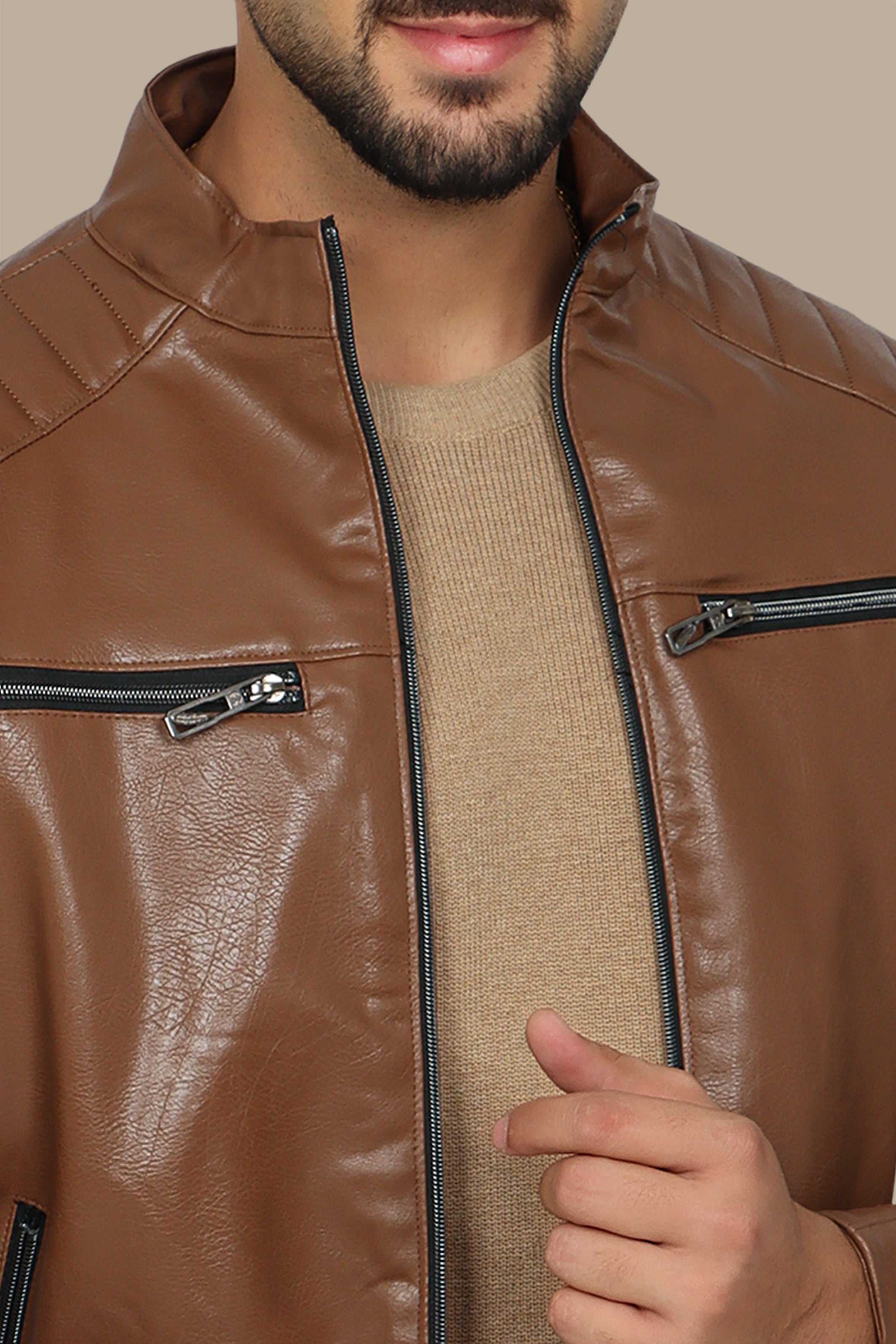 Havane Faux Biker Jacket with 4 Zippers