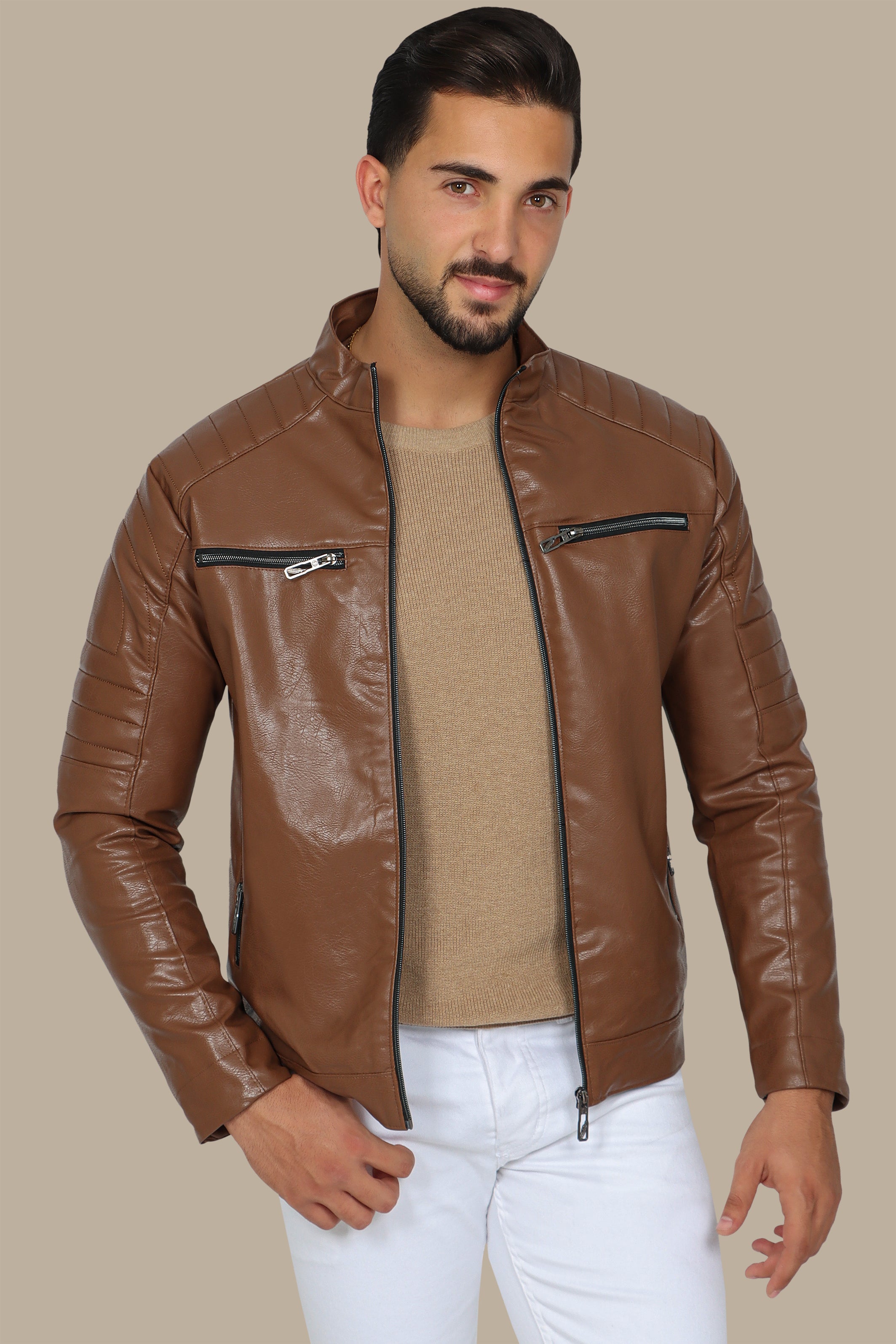 Havane Faux Biker Jacket with 4 Zippers