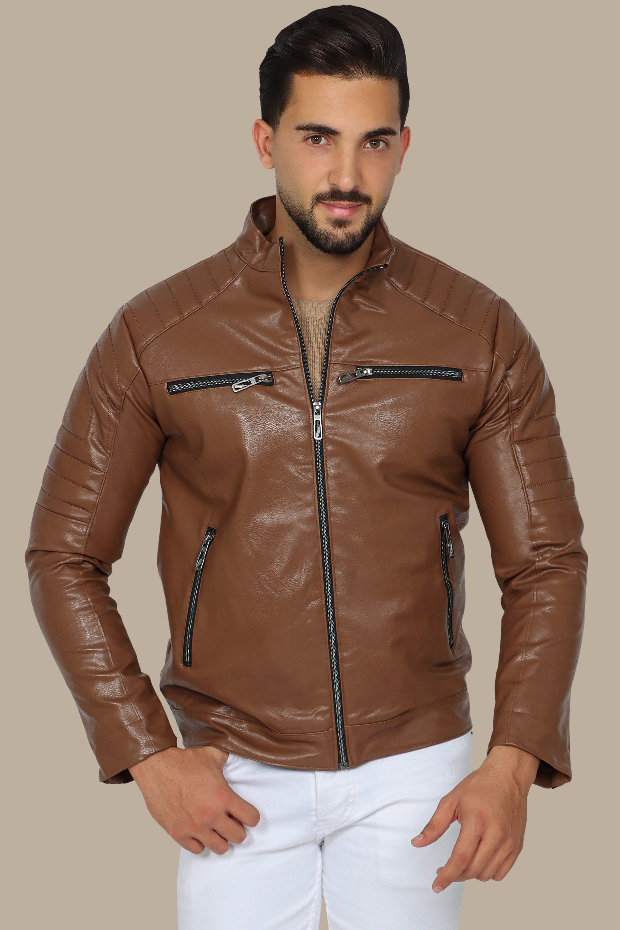 Havane Faux Biker Jacket with 4 Zippers
