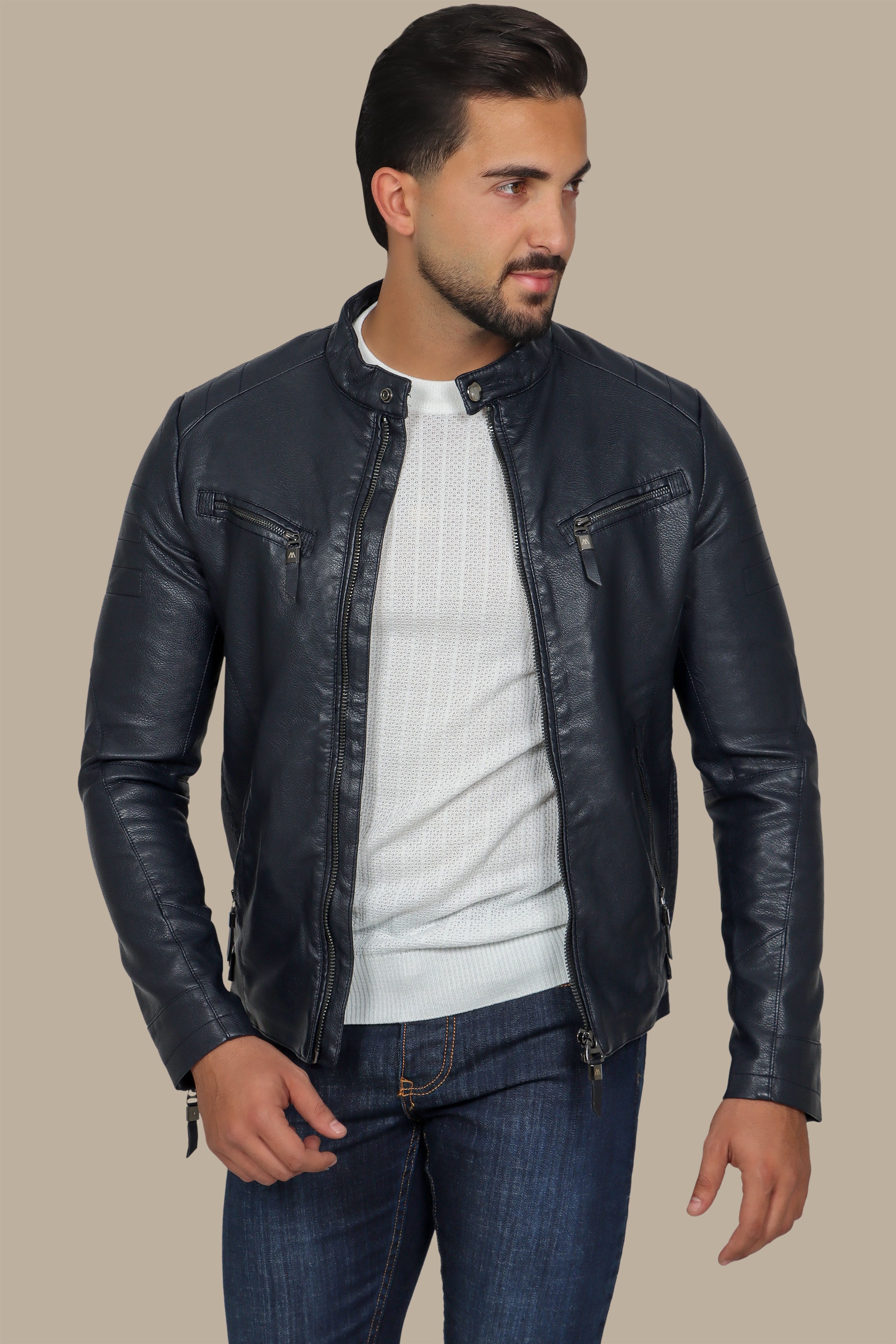 Navy Classic Leather Jacket with 4 Zippers