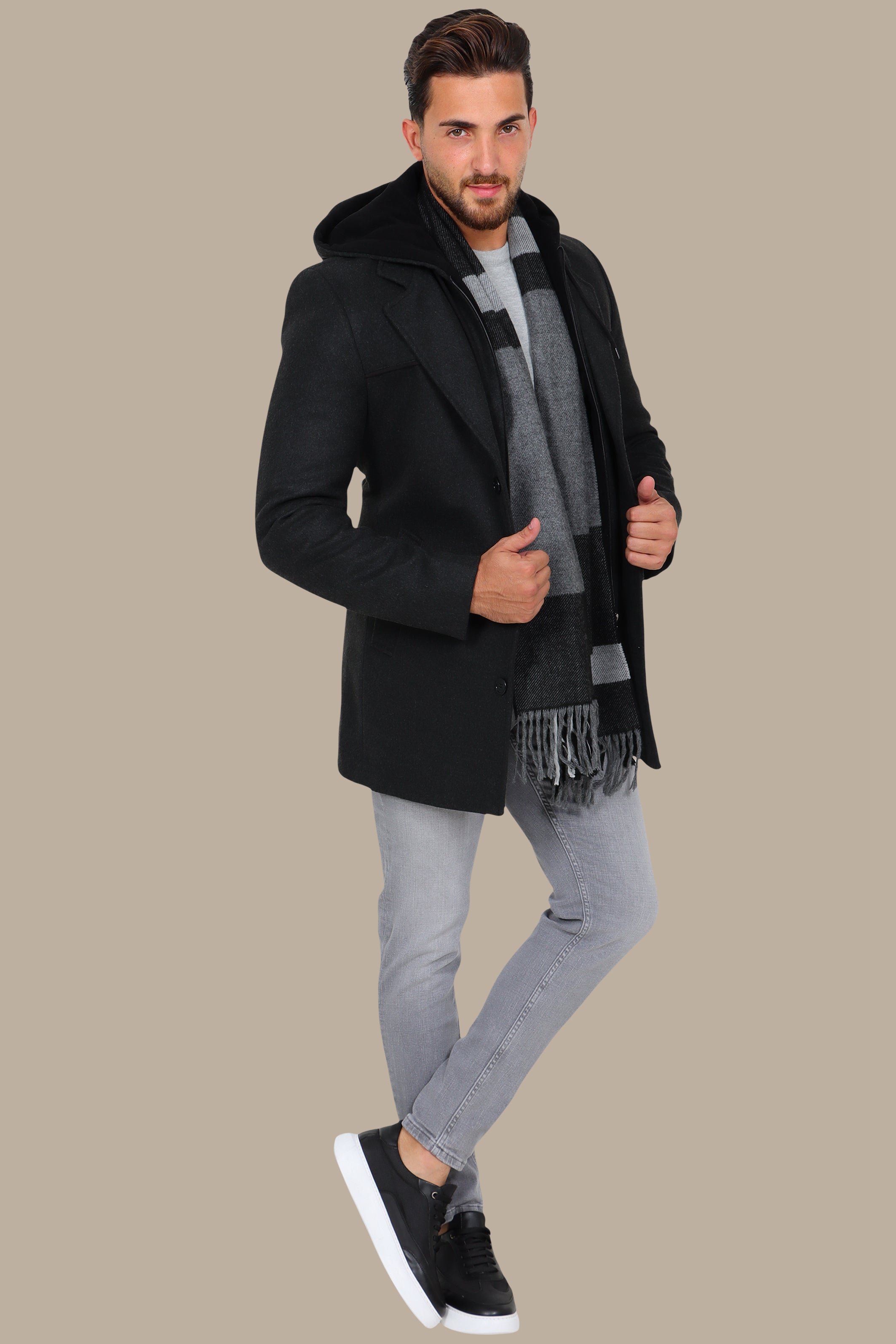Dark Grey Coat with Detachable Hoodie