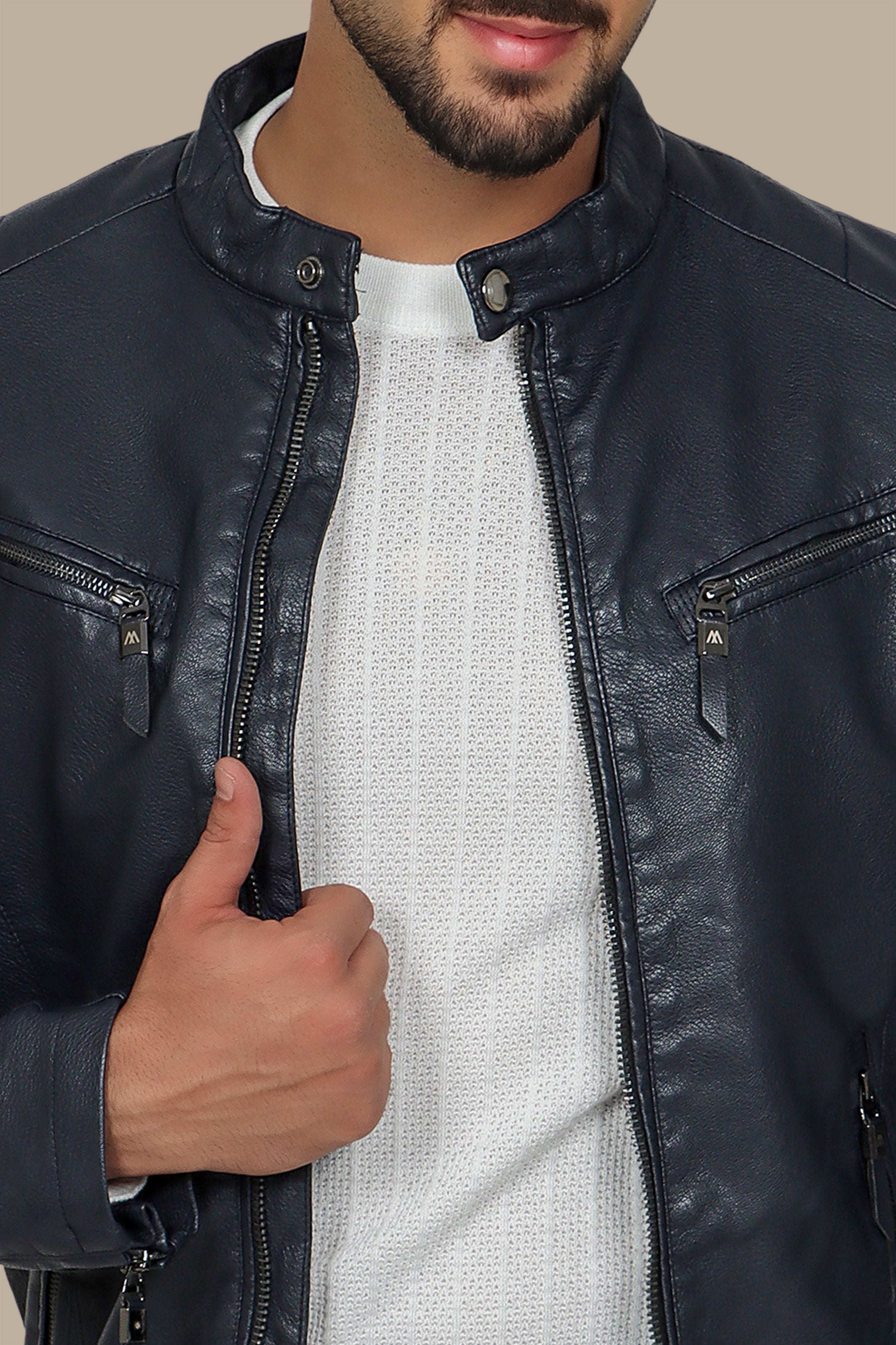 Navy Classic Leather Jacket with 4 Zippers