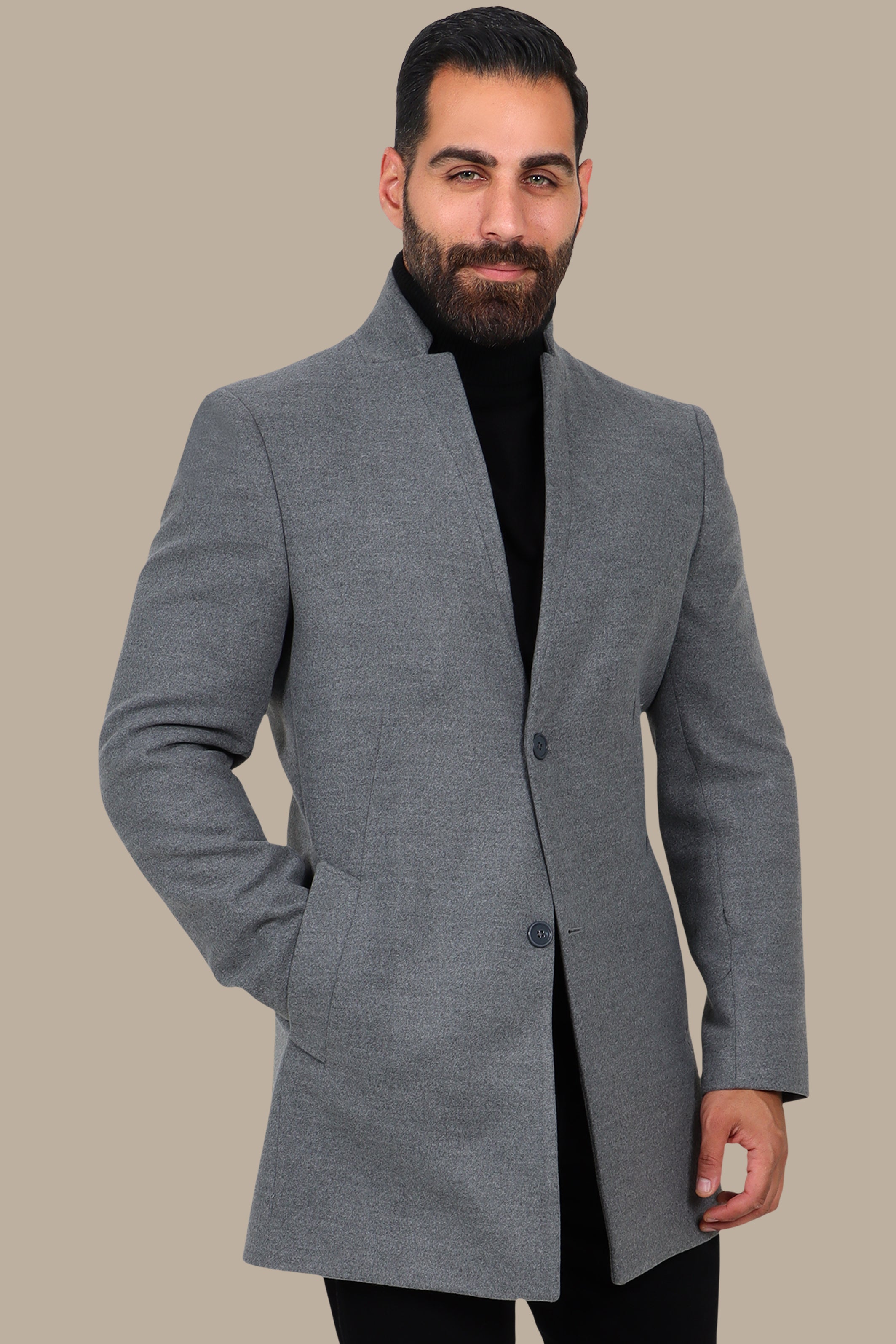 Mao Collar Basic Coat Grey