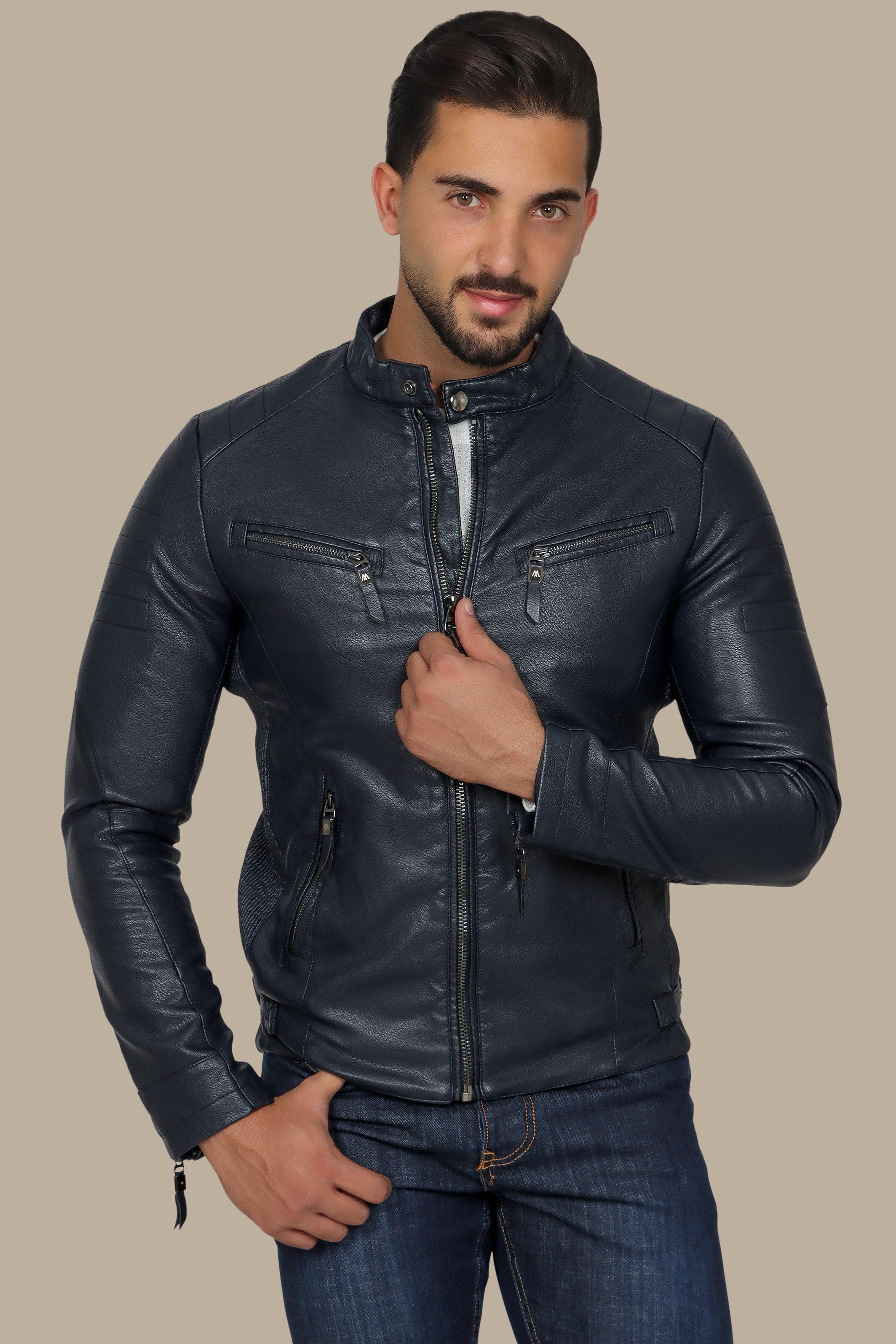 Navy Classic Leather Jacket with 4 Zippers