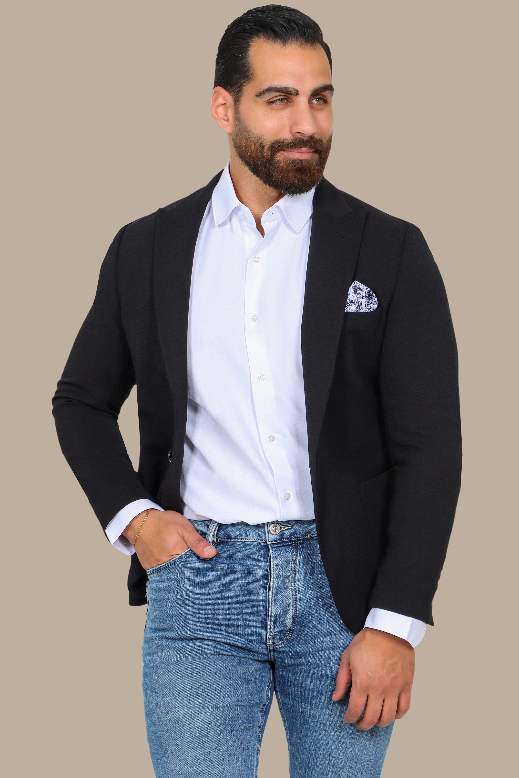 Black Stretch Blazer with Patch Pockets and Peak Lapel