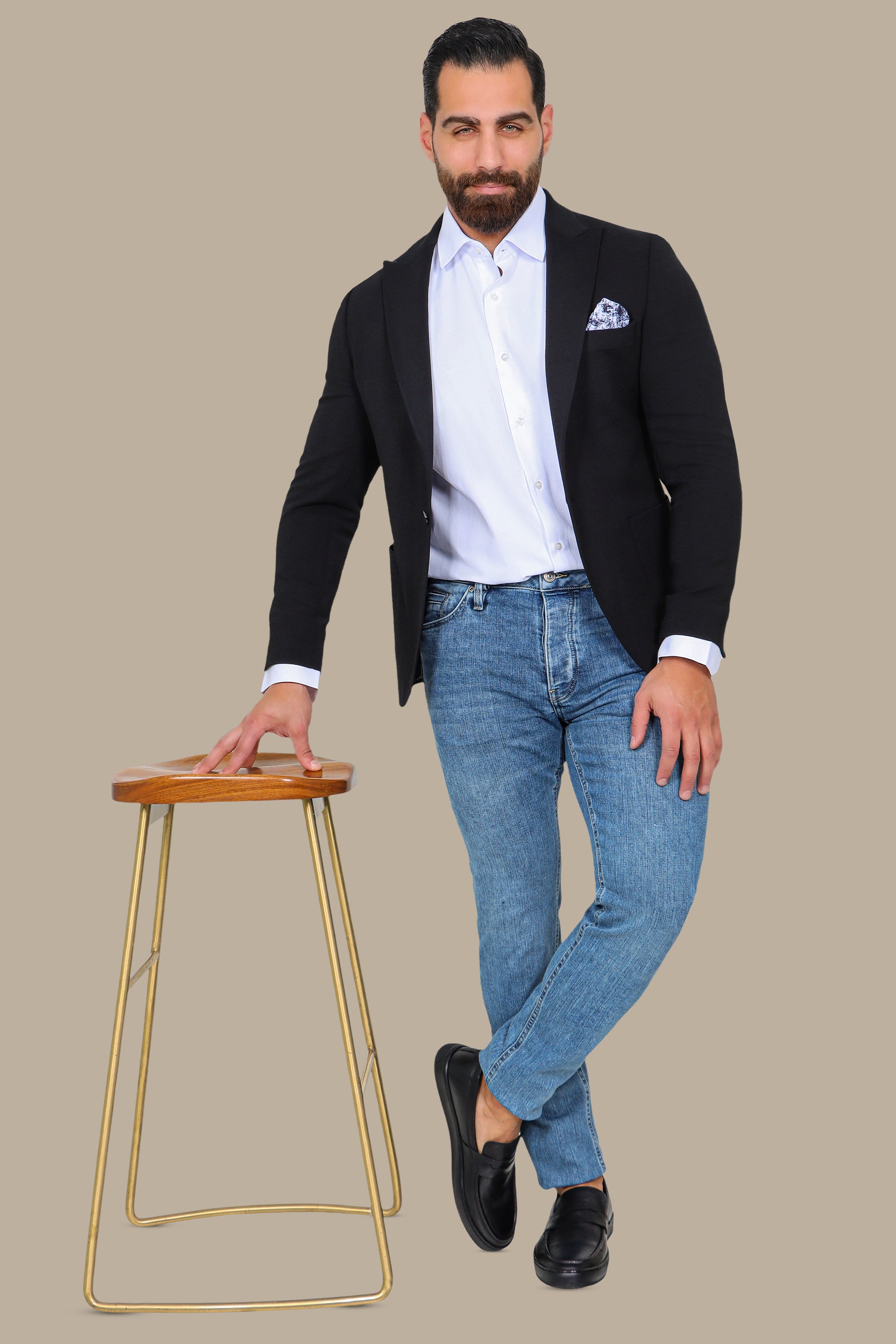 Black Stretch Blazer with Patch Pockets and Peak Lapel