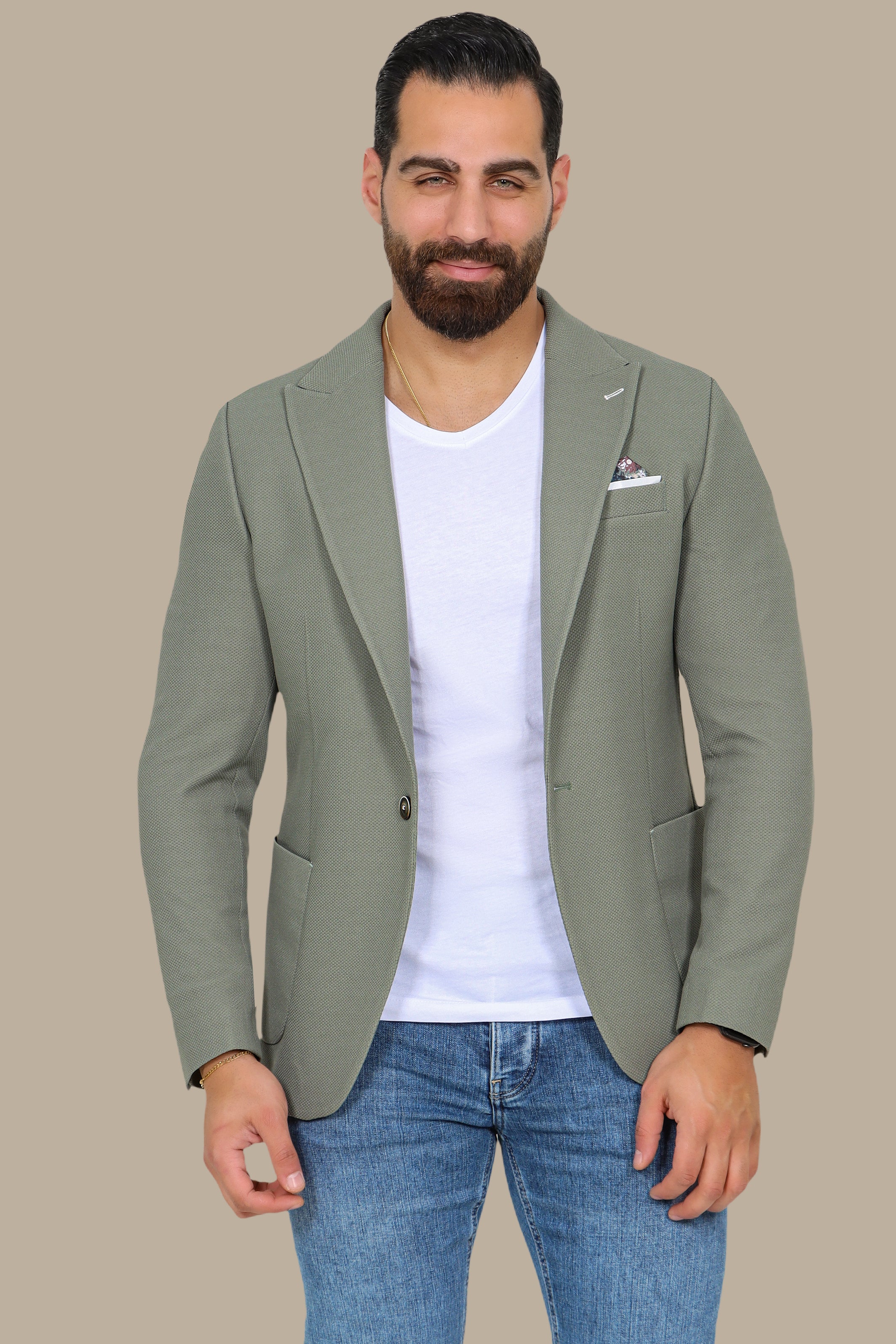 Olive Piquet Blazer with Peak Lapel